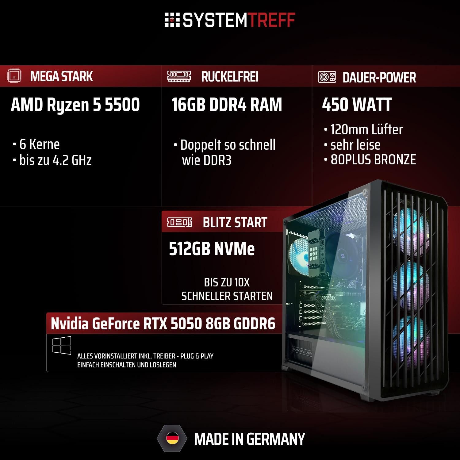 SYSTEMTREFF AMD Ryzen 5 5500 mit Nvidia GeForce RTX 5050 8GB GDDR6 Gaming-PC-Komplettsystem (27", AMD 5500 5500, Nvidia GeForce RTX 5050, 16 GB RAM, 512 GB SSD)