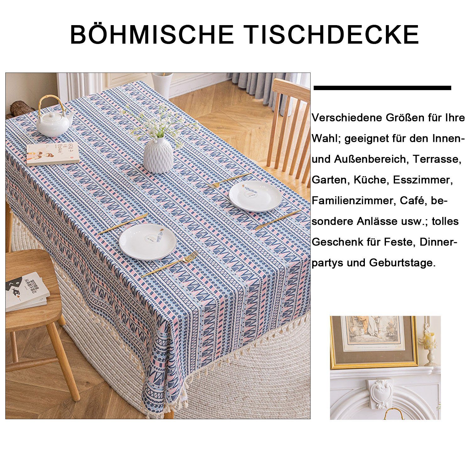 Tischdecke Tischdecke aus Rosa MAGICSHE blau-Quaste Quaste Böhmische mit Baumwollleinen