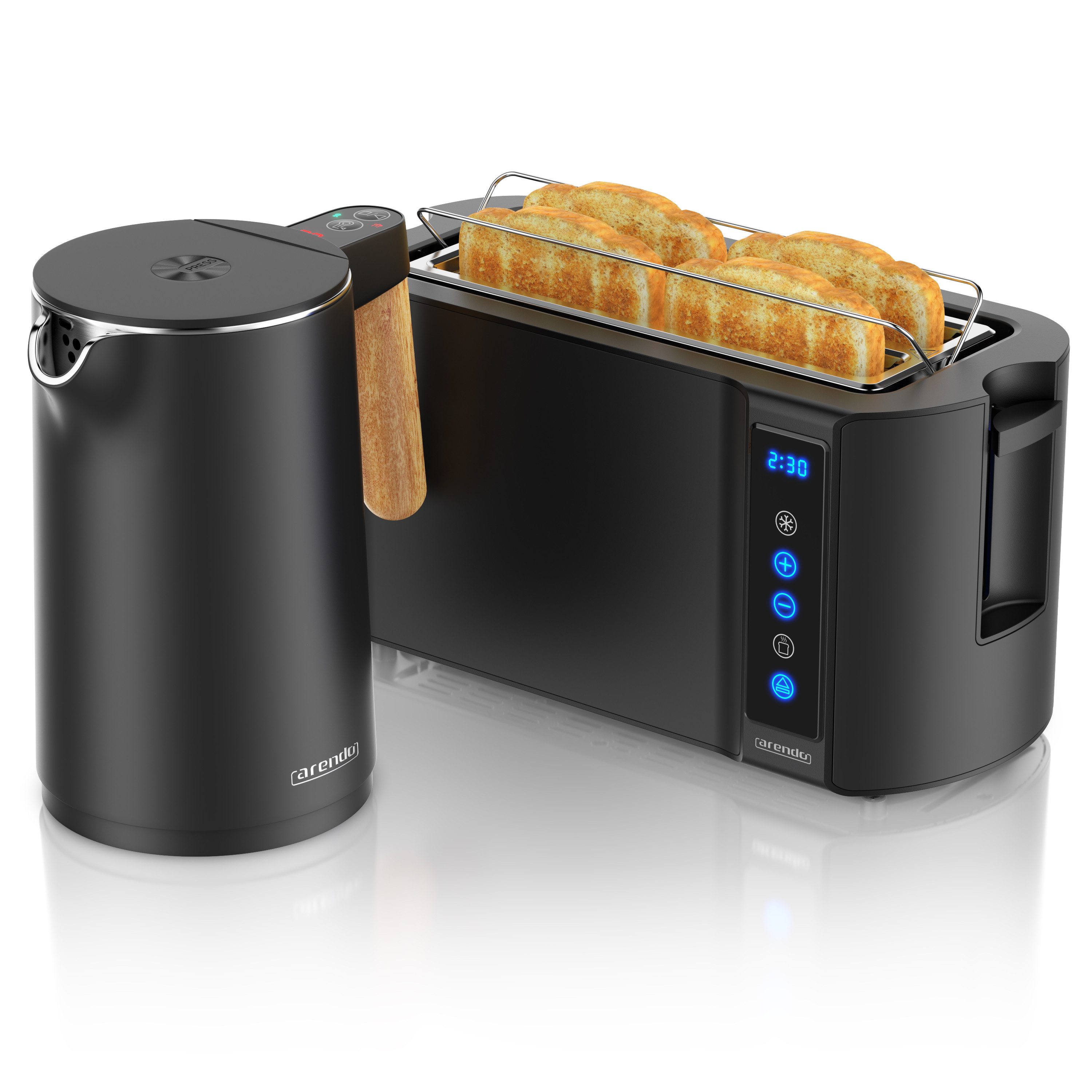 Arendo Frühstücks-Set Edelstahl Wasserkocher 1,5l, 4-Scheiben Langschlitz Toaster, Cool Grey (2-tlg), Wasserkocher mit Temperatureinstellung, Toaster Brötchenaufsatz, Touch