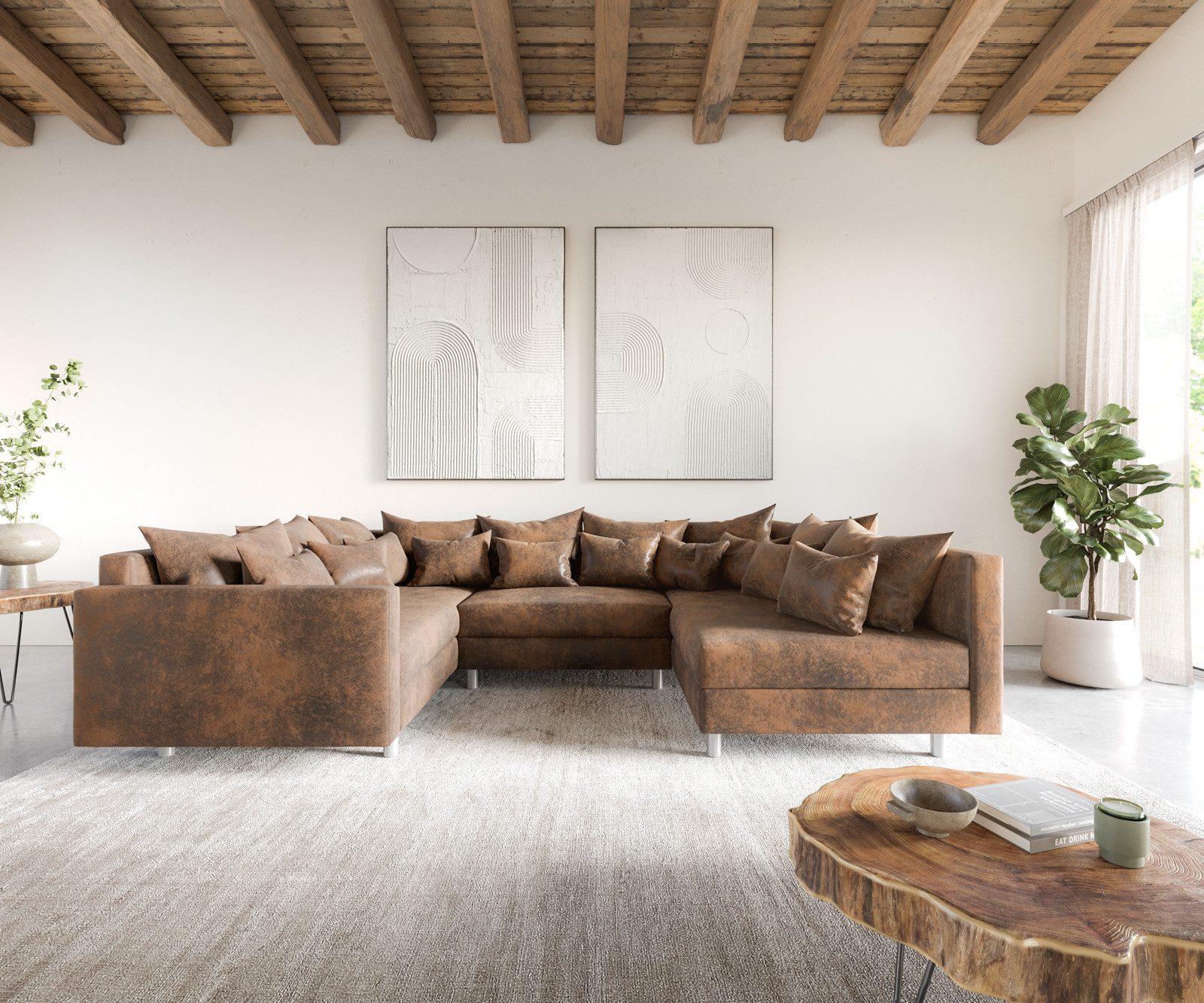 DELIFE Wohnlandschaft Clovis, Braun Antik Optik mit Armlehne Wohnlandschaft modular