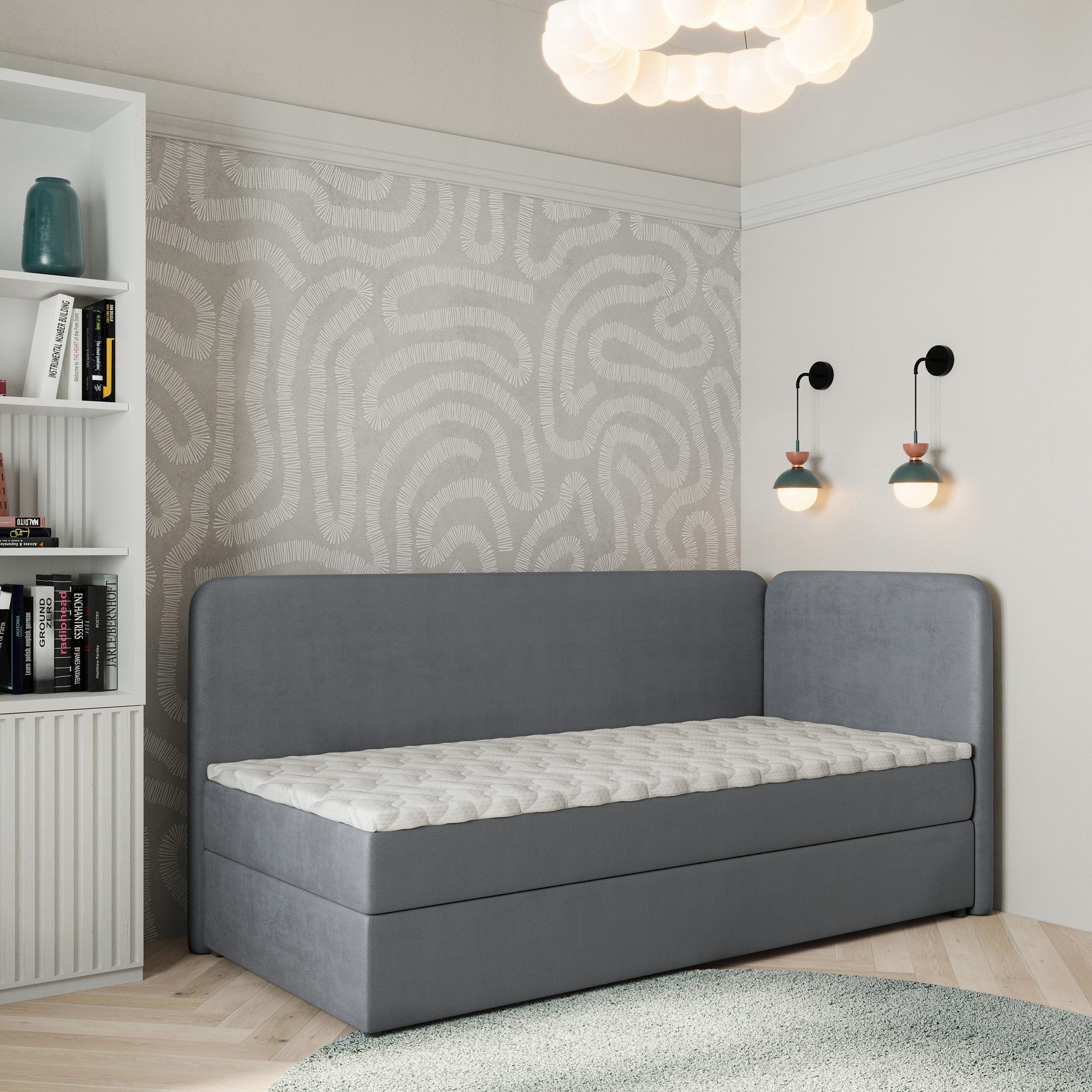 Masseno Boxbett GINA 90x200 cm mit Bonell Matratze und Topper, Einzelbett, Jugendbett, Polsterbett mit Kopfteil, Boxspringbett