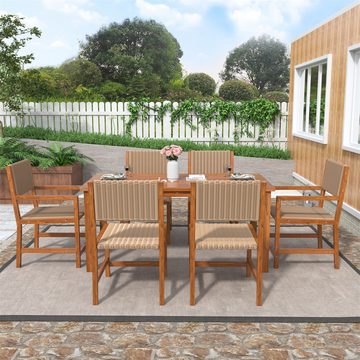 autolock Garten-Essgruppe 7-teiliges Outdoor-Esstisch-Set,Gartenmöbel-Set aus PE-Rattan, mit Tischplatte aus Akazienholz,Stuhlgestell aus Akazienholz
