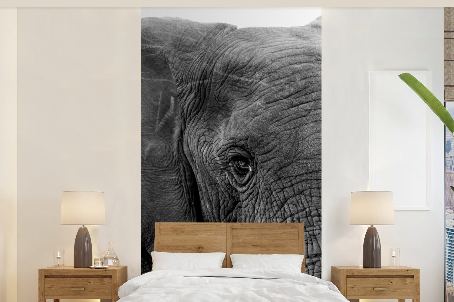 MuchoWow Fototapete Elefant - Tiere - Schwarz - Weiß - Natur, Matt, bedruckt, (2 St), Vliestapete für Wohnzimmer Schlafzimmer Küche, Fototapete