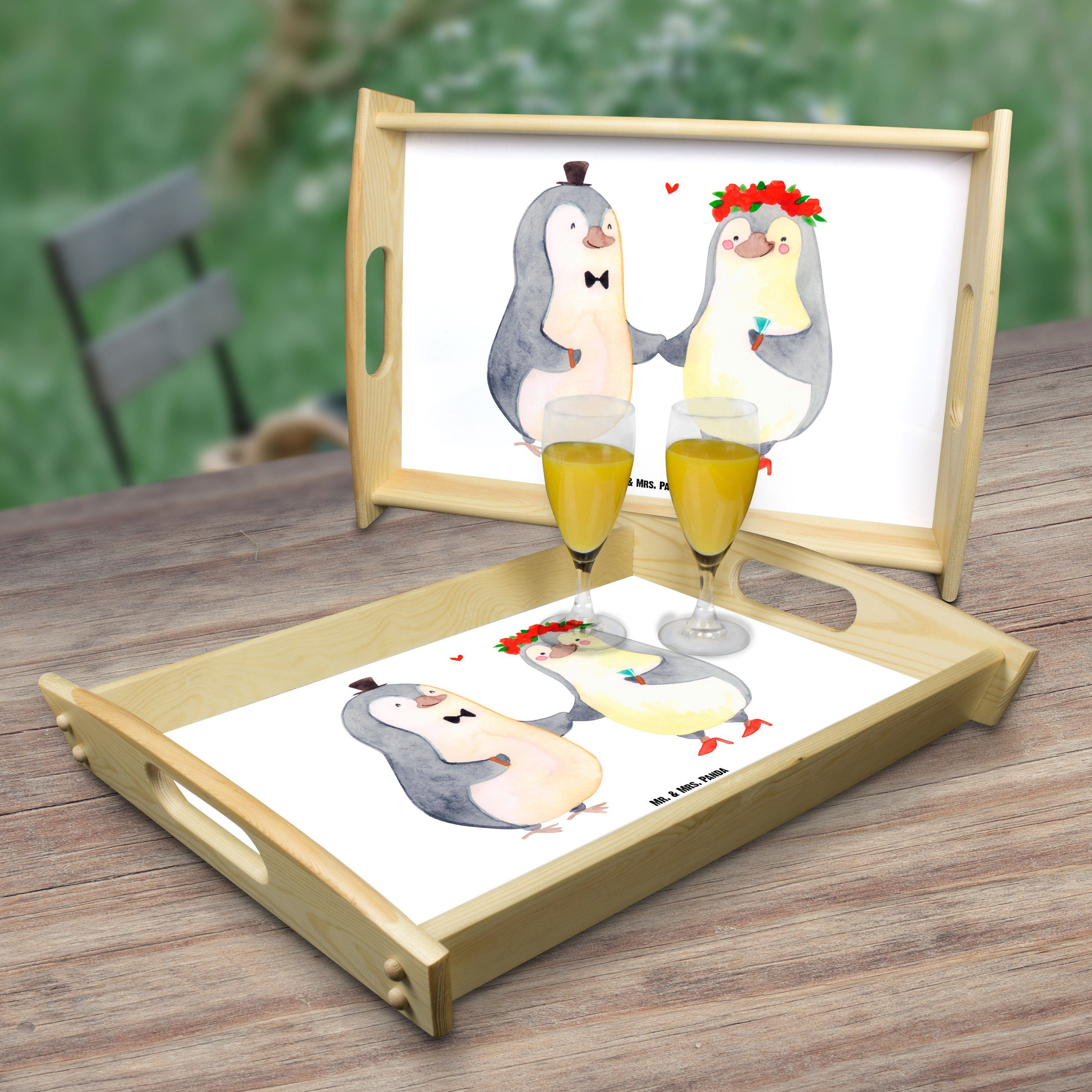 Pinguin Panda Küchen, - Tablett (1-tlg) Bräutigam, lasiert, Mr. Ehefrau, Heirat Ehemann, Echtholz & Geschenk, - Mrs. Weiß