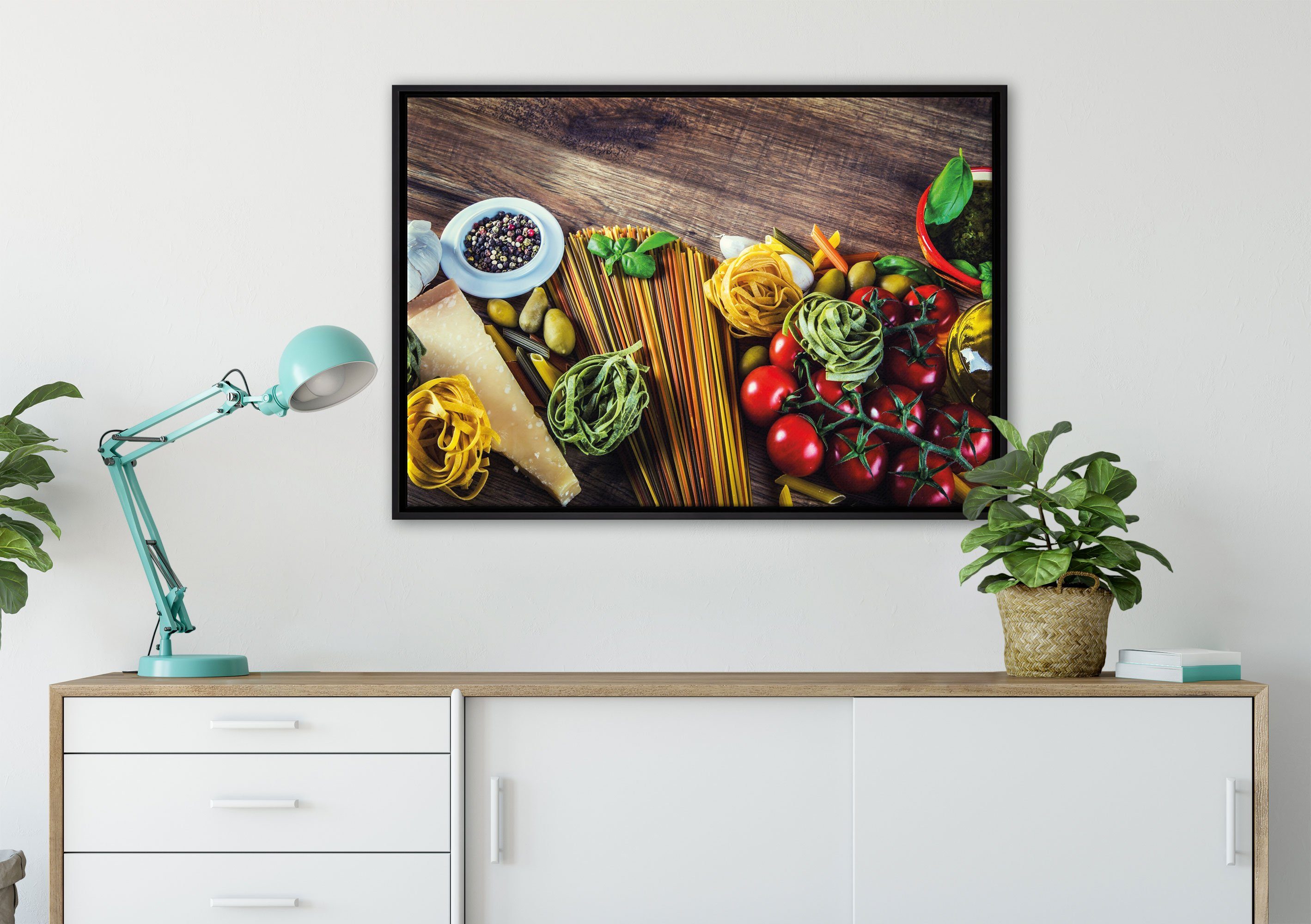 mit Leinwandbild Schattenfugen-Bilderrahmen Tomaten, St), inkl. bespannt, in fertig Leinwandbild Italia gefasst, Wanddekoration einem Zackenaufhänger Pasta Pixxprint (1