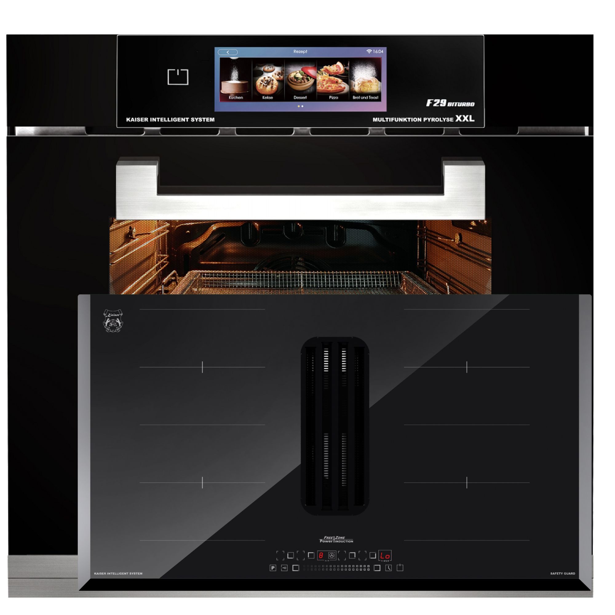 Kaiser Küchengeräte Backofen-Set Herd Set Autark Multifunktions-Elektro-Backofen mit Pyrolyse und Dampfreinigung, TFT Display, 60cm, 86L,Air Fry+Induktion 90 cm autark, Einbau-Induktionskochfeld mit integriertem Dunstabzug 600 m³/h, 90 cm EH 6344 N+KCT 9102, mit 1-fach-Teleskopauszug