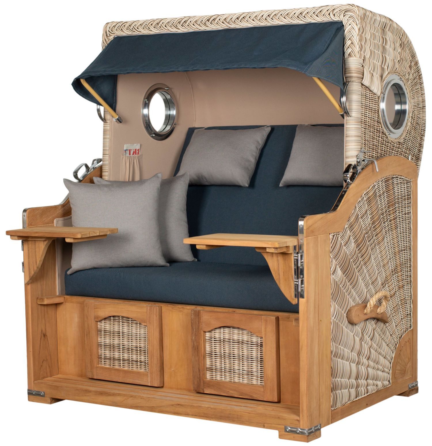 bene living Strandkorb Ammersee Grande XL Teak - PE shell - Modell 593, BxTxH: 142x95x165 cm, Volllieger ca. 175 Grad, Ostsee-Strandkorb Komplettset, inkl. Liftersystem und Bullaugen