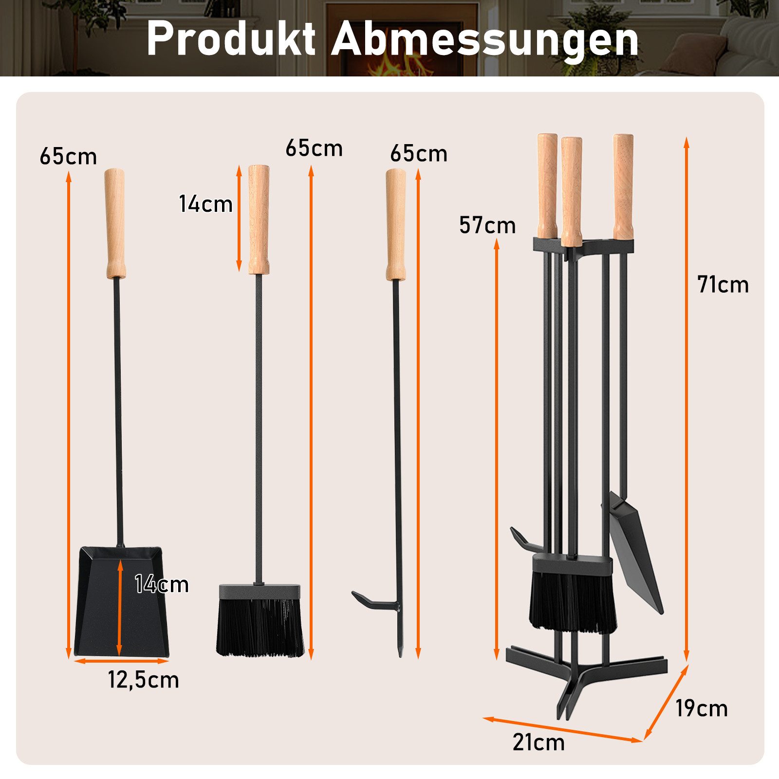 COSTWAY Kamingarnitur, (4-St), Kaminbesteck mit Holzgriff, schwarz