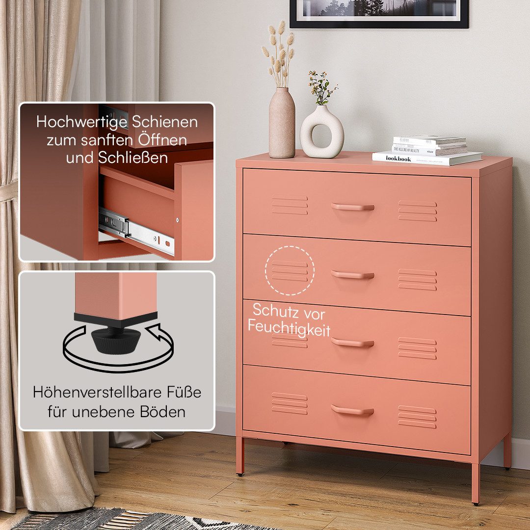 skølm Kommode Atria aus Metall (Terrakotta), Sideboard mit 4 Schubladen, Metallschrank mit höhenverstellbaren Füßen