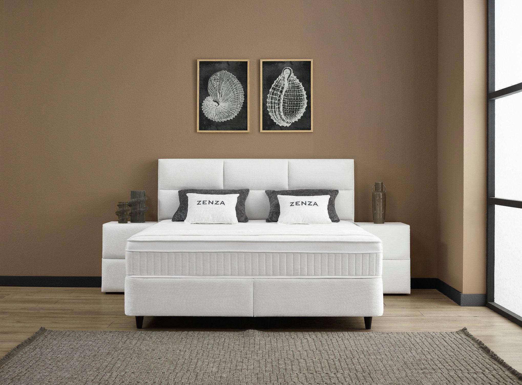 abc bedding Boxspringbett ZENZA Voll-orthopädisches Luxusbett in stilvollem Stoff in Creme (3, inkl. Matratze & Topper), Inkl. Matratze mit integriertem Topper