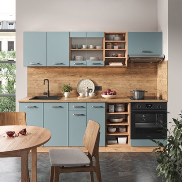 Livinity® Küchenzeile R-Line, Blau-Grau/Goldkraft Eiche, 240 cm, AP Eiche