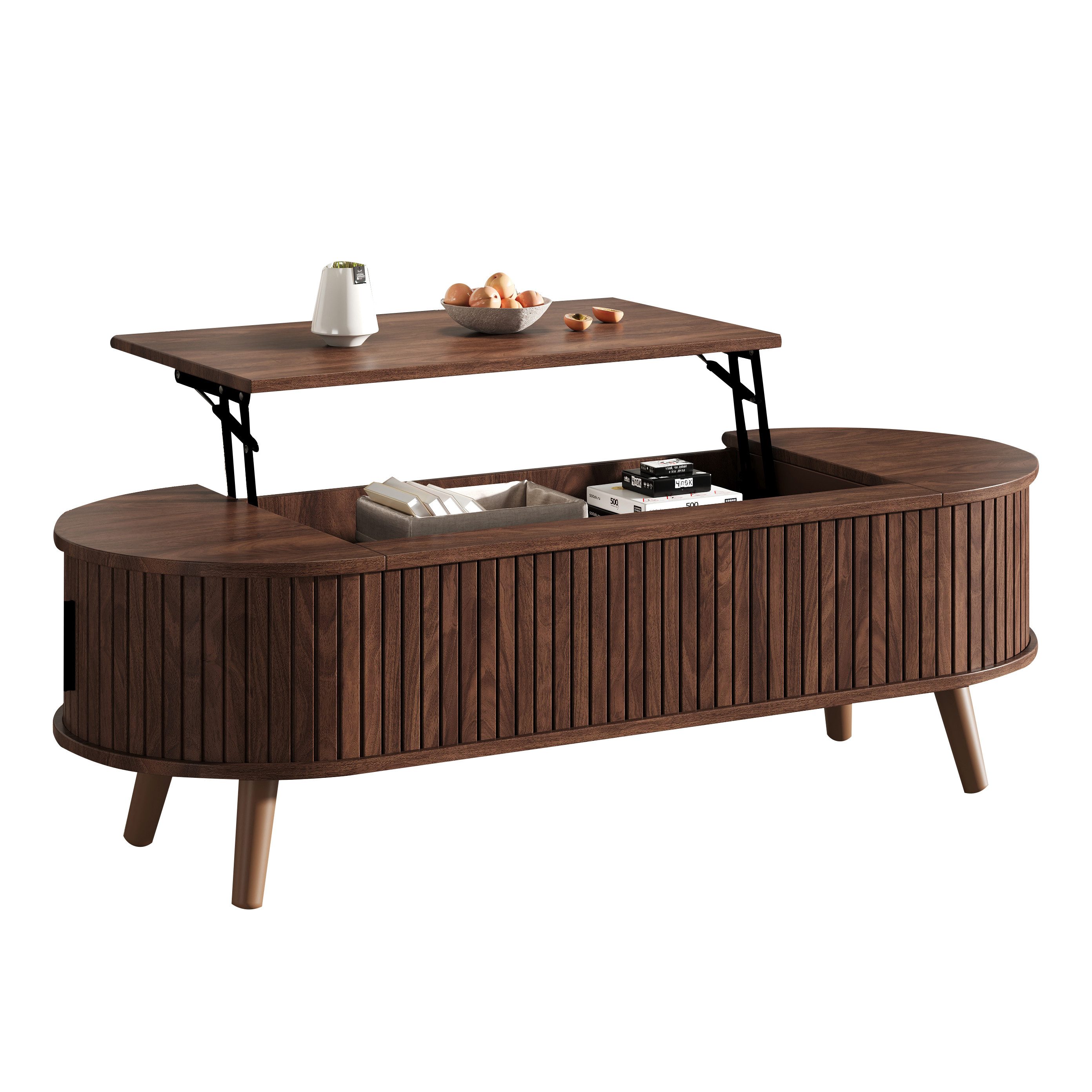 Merax Couchtisch anhebbarer Sofatisch mit Liftfunktion im Walnuss-Design (1-St., 120x50x39,5cm), Wohnzimmertisch mit verstecktem Stauraum, 5 Ablagefächern & Holzbeinen