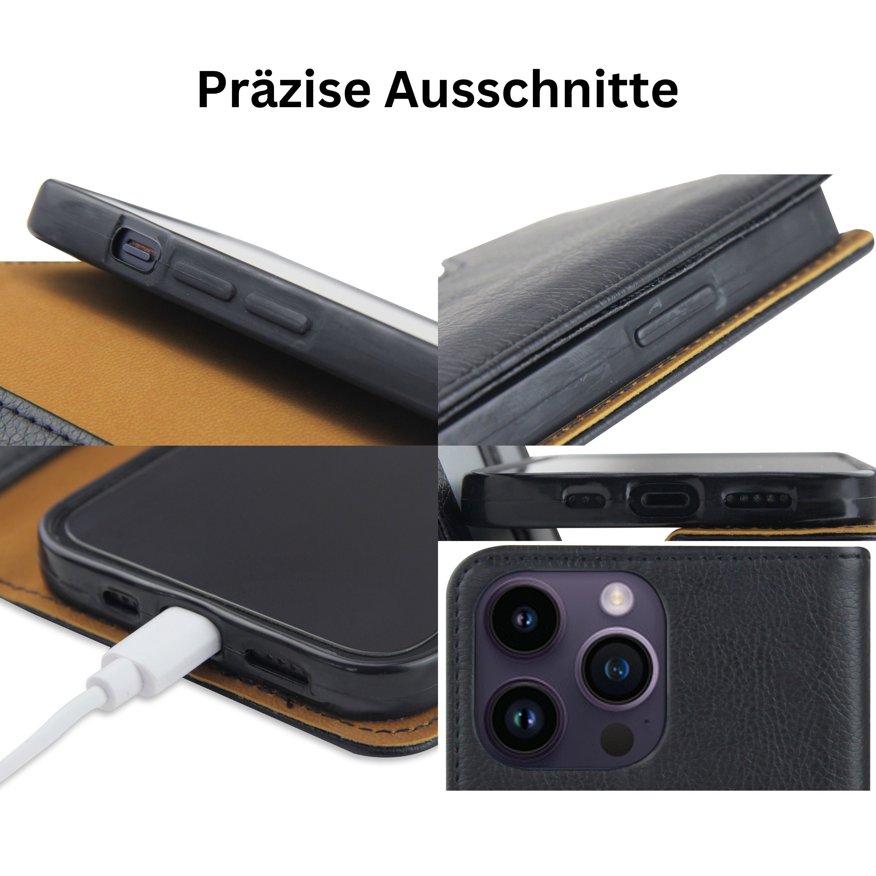 Frentree Handyhülle aus echtem Leder für iPhone 12, 13, 14, Magnetverschluss mit 4 Kartenfächern & 2 Sichtfenstern, Handy-Ständer