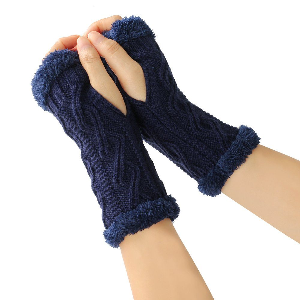 SCOCLO Strickhandschuhe 1 paar fingerlose kurze Strickhandschuhe (winterwarme Plüsch Ärmel armwärmerärmel) warm, weich und dick, für den Winter geeignet Dunkelblau