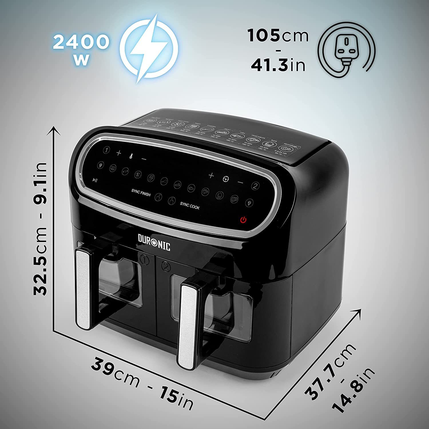 Duronic Heißluftfritteuse AF34 BK Heißluftfritteuse, 2400,00 W, Fritteuse 10 Liter Volumen, 10 Programme