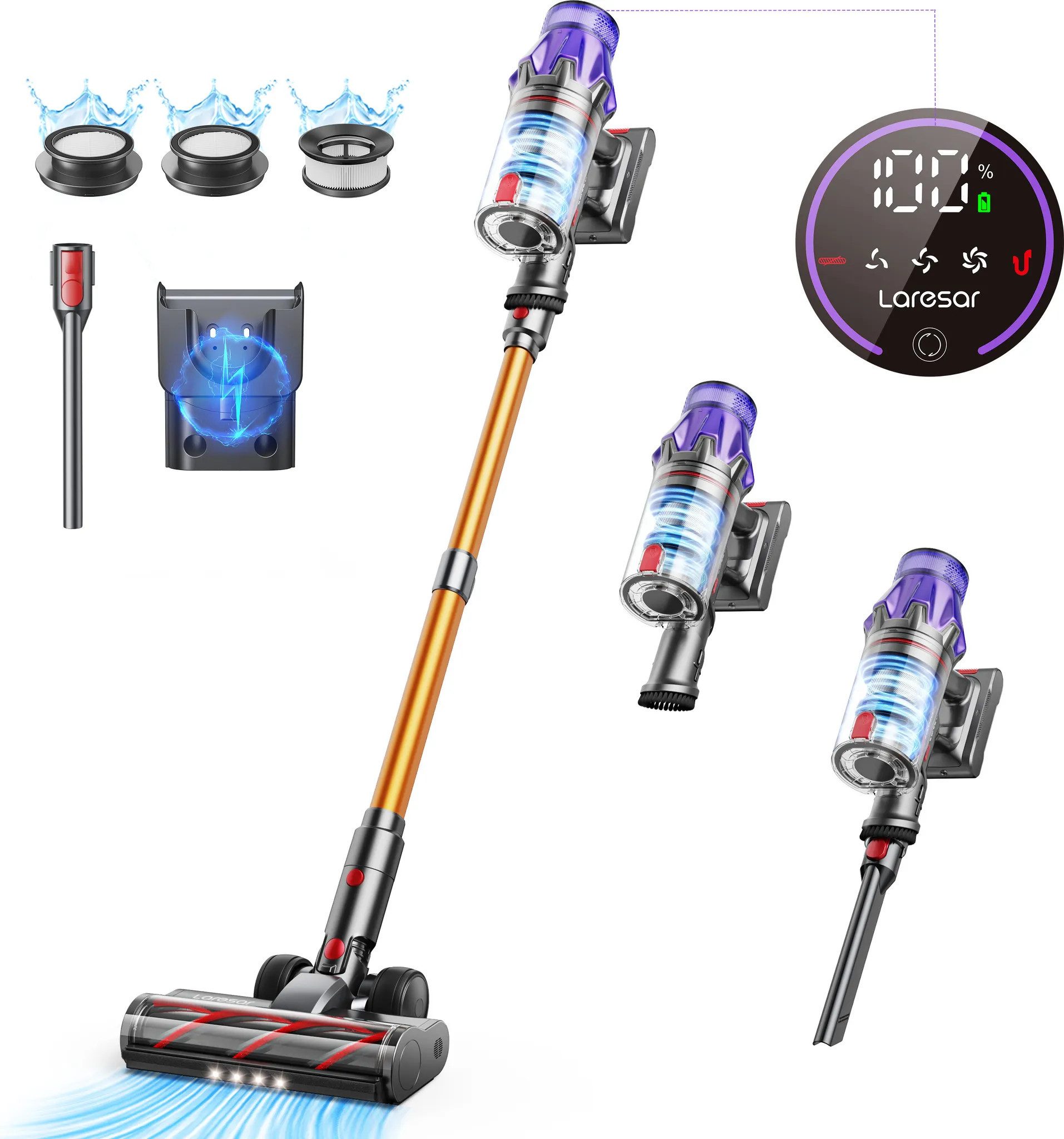 Laresar Bodenstaubsauger V7 Akku Staubsauger, 500W/50.000pa kabellos, Handstaubsauger, 500 W, 60 Min Laufzeit, 180.000 U/min, Entfernt 99,99 %