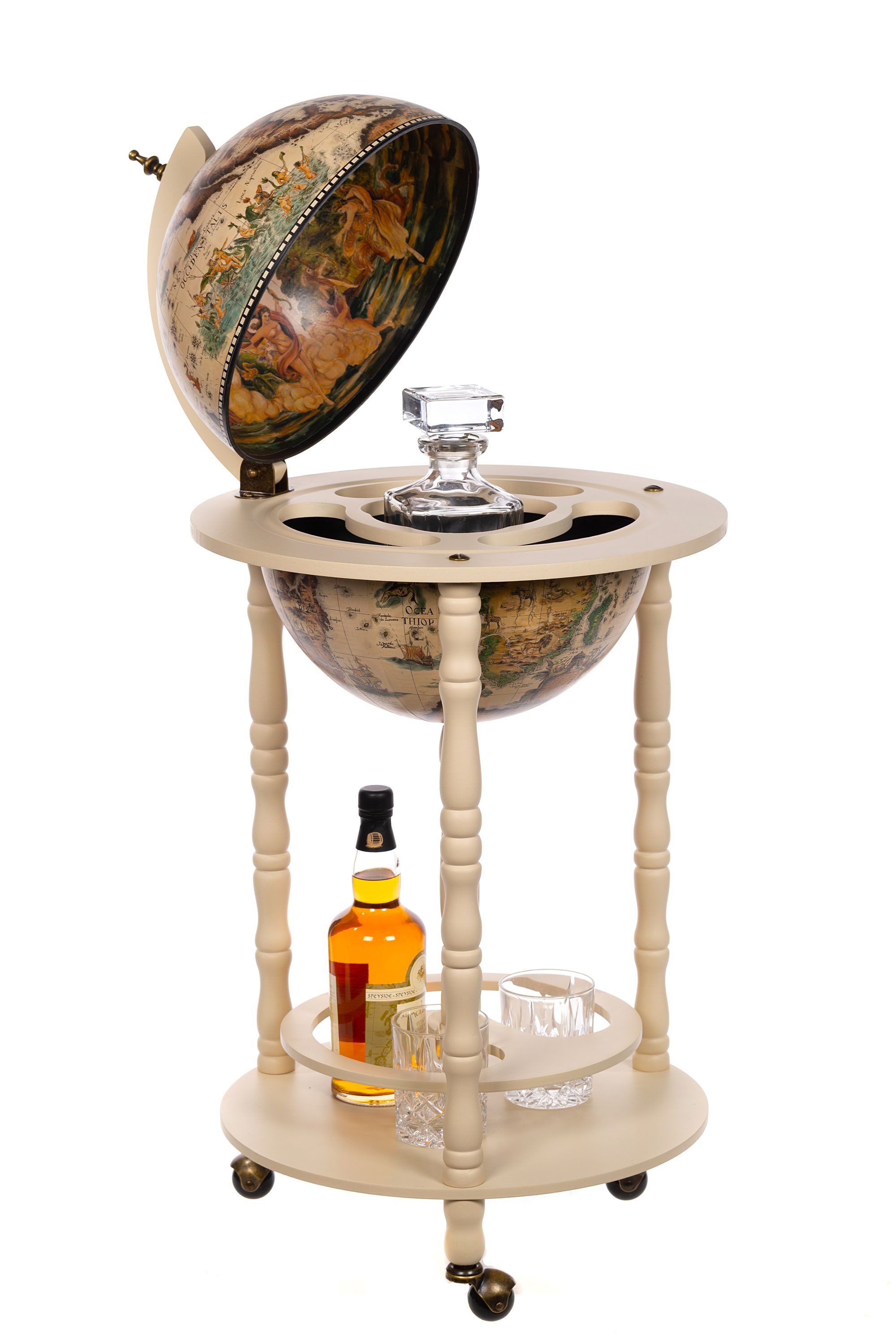 BIRENDY Dekoobjekt Barwagen 33001W Antikweiß geöffnet 100cm Globusbar Bartisch Hausbar