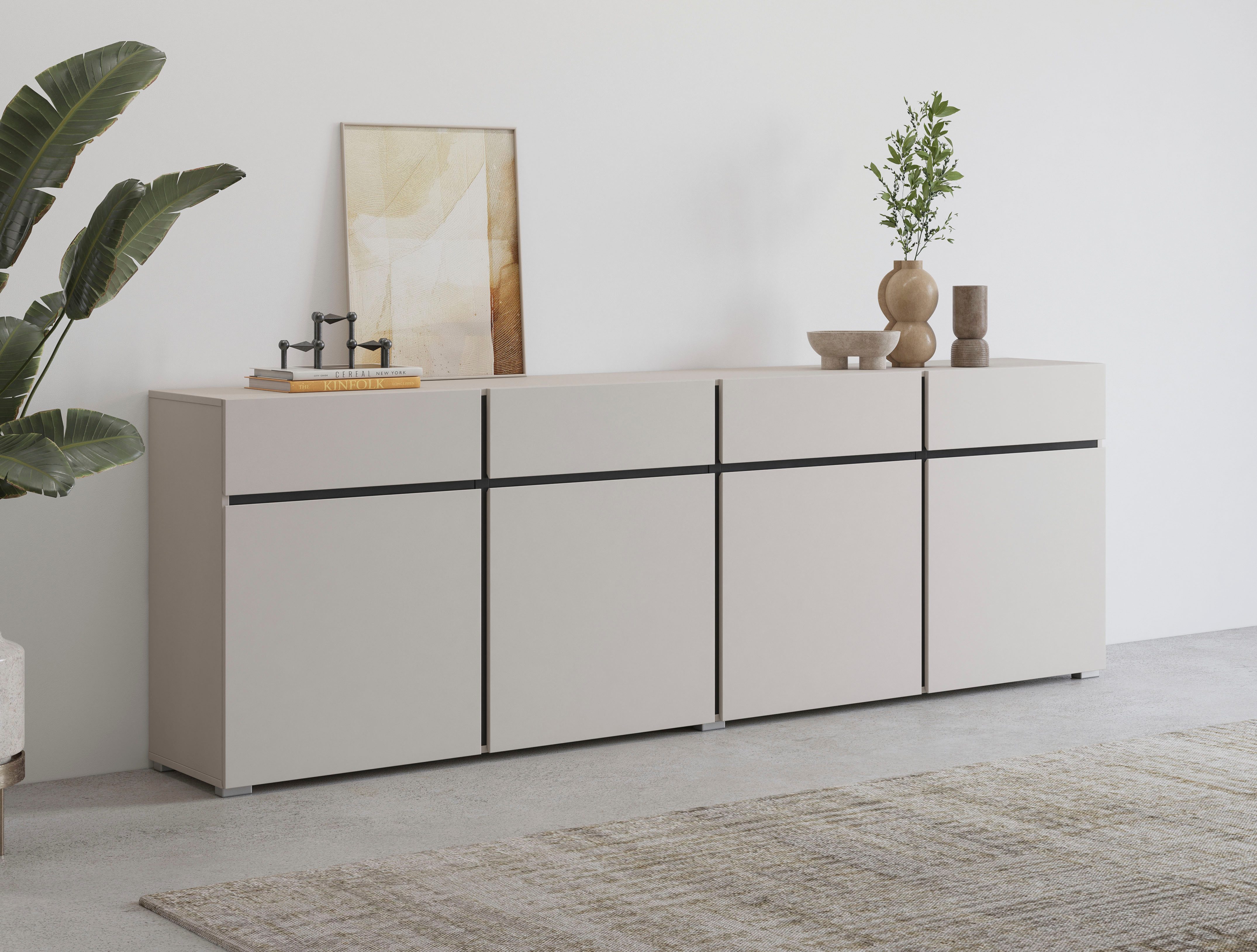 OTTO home Sideboard Cross,Breite 225 cm, moderne grifflose Kommode,4 Türen/4 Schubkästen, Schubladenschrank mit viel Stauraum, Einlegeböden verstellbar