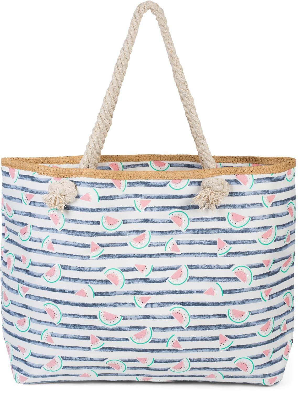 styleBREAKER Strandtasche (1-tlg), Strandtasche mit Streifen und Melone Print Dunkelblau-Weiß