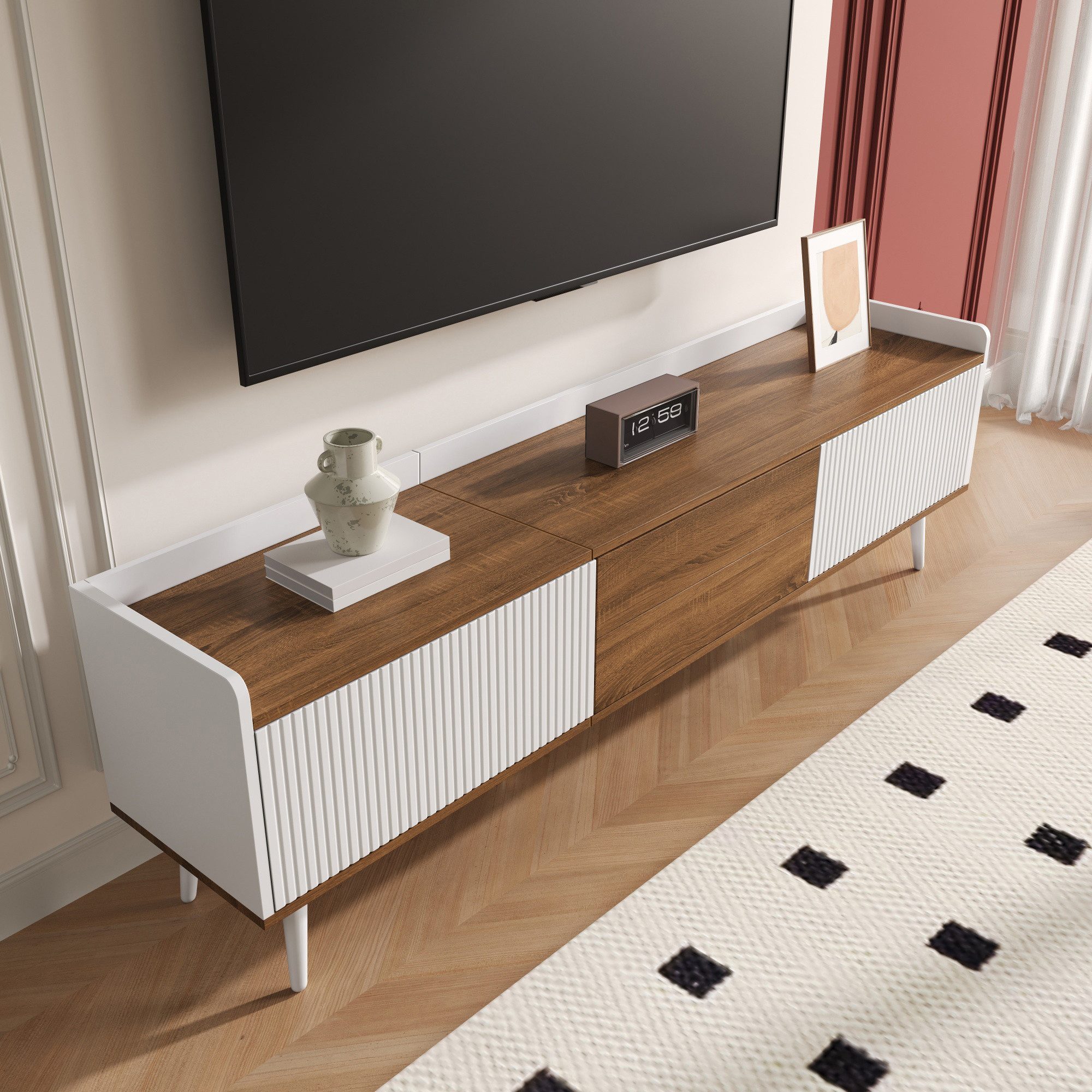Yorbay TV-Schrank dreitüriger Unterschrank Natur Holzfinish, für Fernsehen bis 70 Zoll Klassik TV Ständer mit 6 Füße, Großer Strauruam, 160x39x50cm