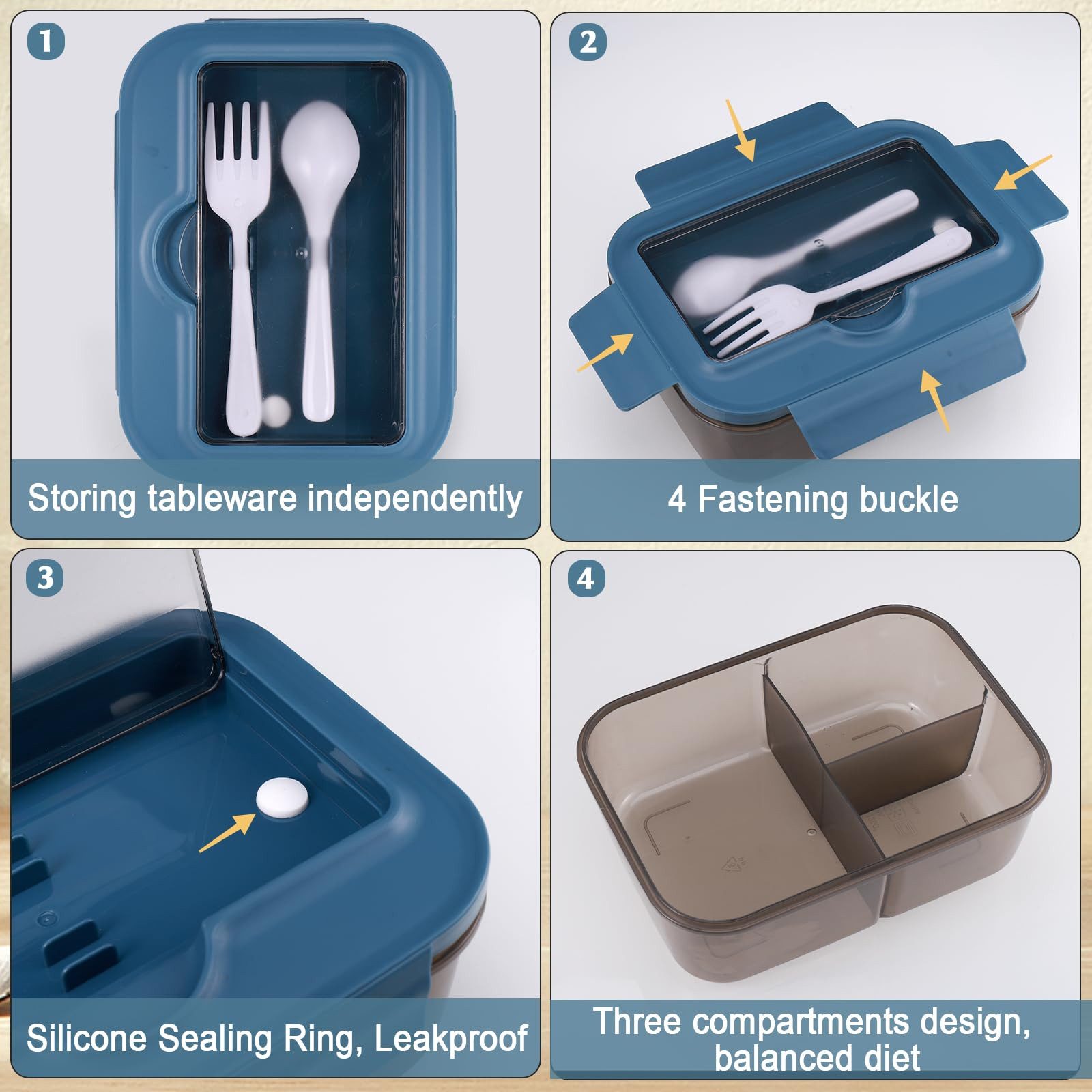 Diwzbyn Lunchbox Lunchbox 1400ml, 3 Fächer, Mit Löffel & Gabel, Auslaufsicher, Mikrowellen- & Spülmaschinengeeignet, Deckel als Handyhalter