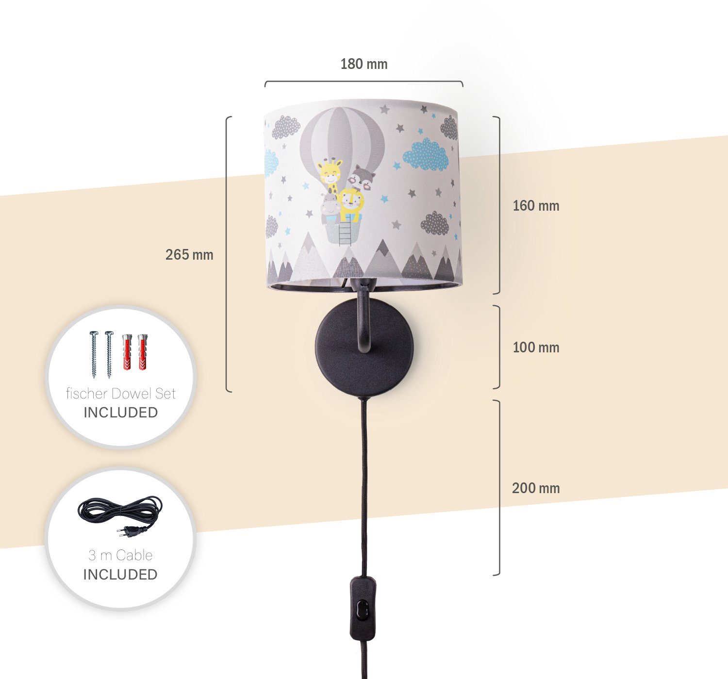 Paco Home Leuchtmittel, Cosmo ohne Lampe Stecker 343, 3m Wandleuchte âˆ…18cm Kinderzimmer Tiere Kabel Heißluftballon E14