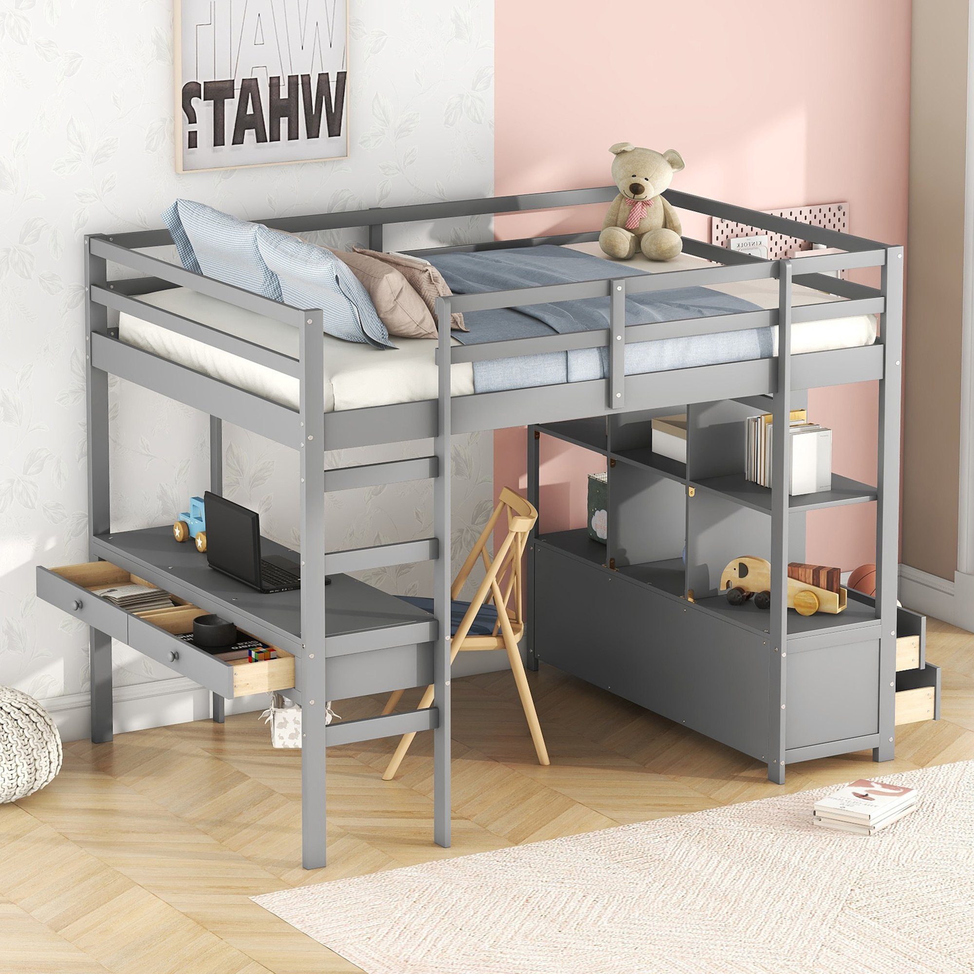 Flieks Hochbett Kiefer Kinderbett mit Schreibtisch günstig online kaufen