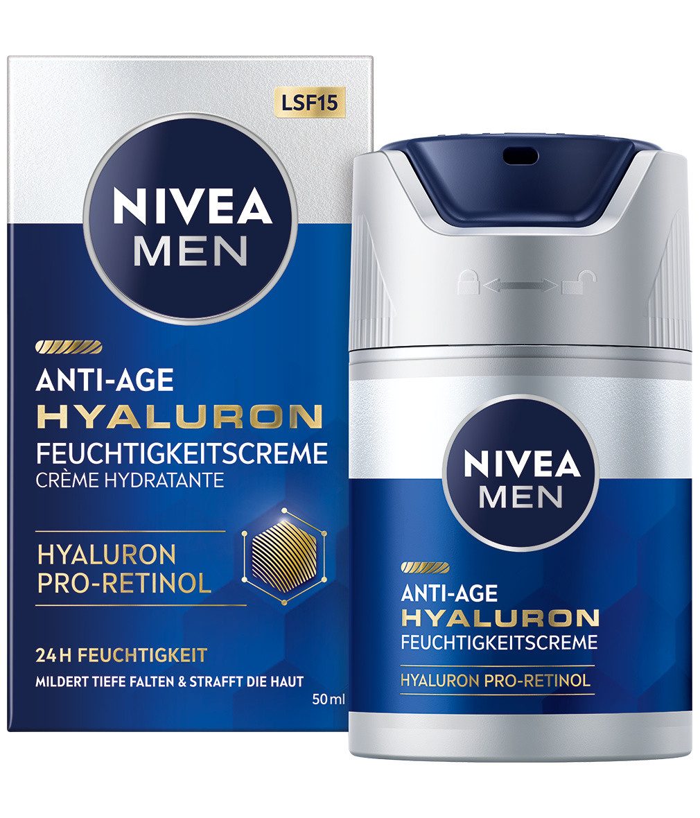 Nivea Men Tagescreme Anti-Age Hyaluron 24h schnell einziehend LSF15 50ml Packung, 1-tlg., mit Hyaluron