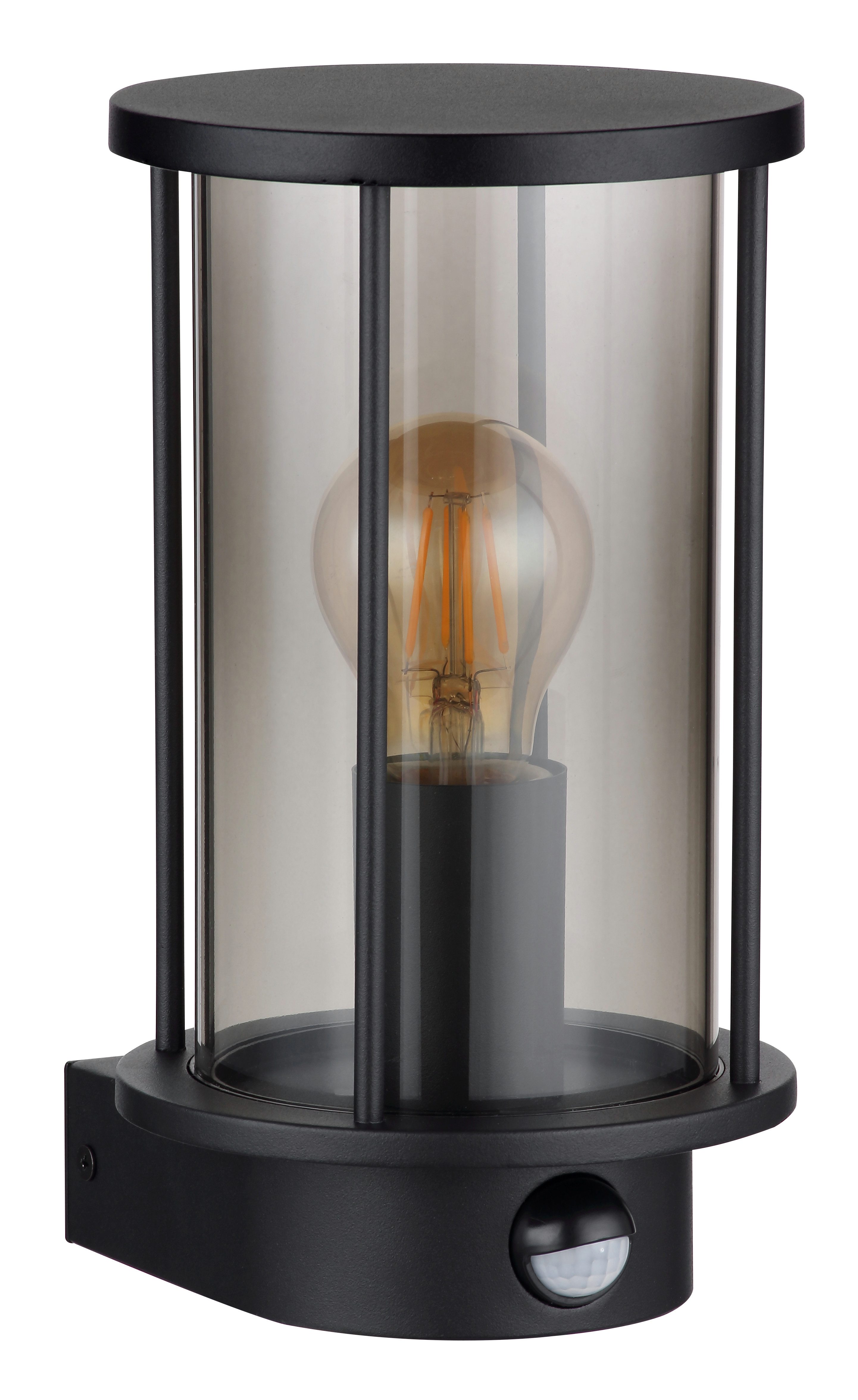 GLOBO LIGHTING Außen-Wandleuchte GRACEY, ohne Leuchtmittel, Außenleuchte Edelstahl Schwarz, Rauchglas, Sensor, IP54
