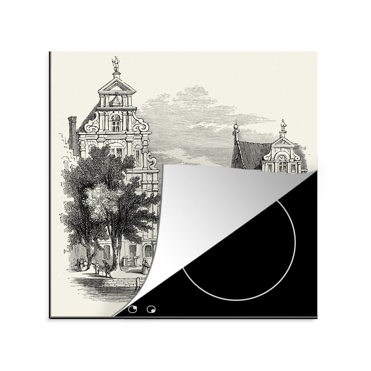 MuchoWow Herdblende-/Abdeckplatte Eine Schwarz-Weiß-Illustration einer Amsterdamer Gracht, Vinyl, (1 tlg), 78x78 cm, Ceranfeldabdeckung, Arbeitsplatte für küche