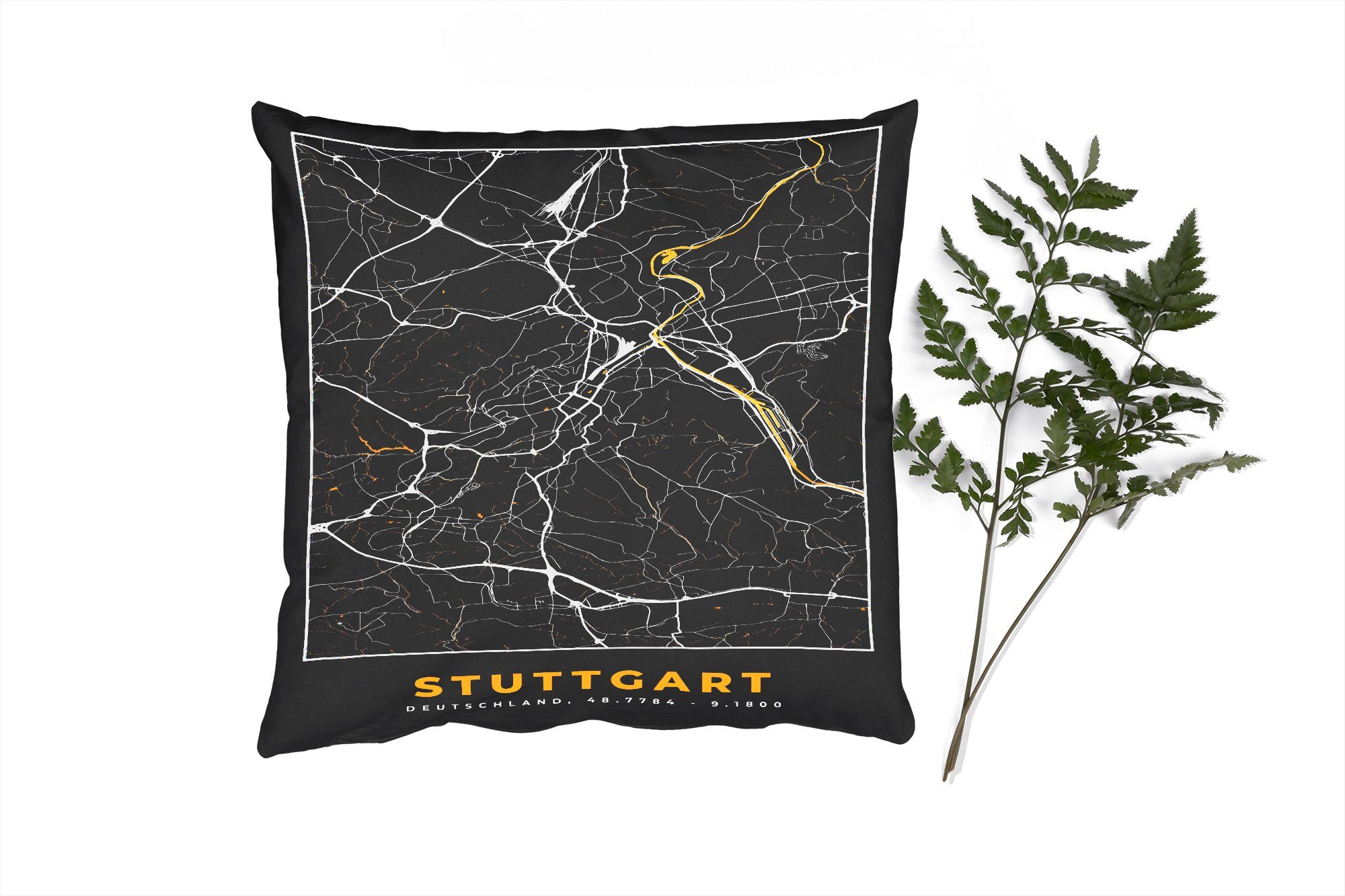 MuchoWow Dekokissen Stuttgart - Gold - Karte - Stadtplan - Deutschland, Zierkissen mit Füllung für Wohzimmer, Schlafzimmer, Deko, Sofakissen | Dekokissen