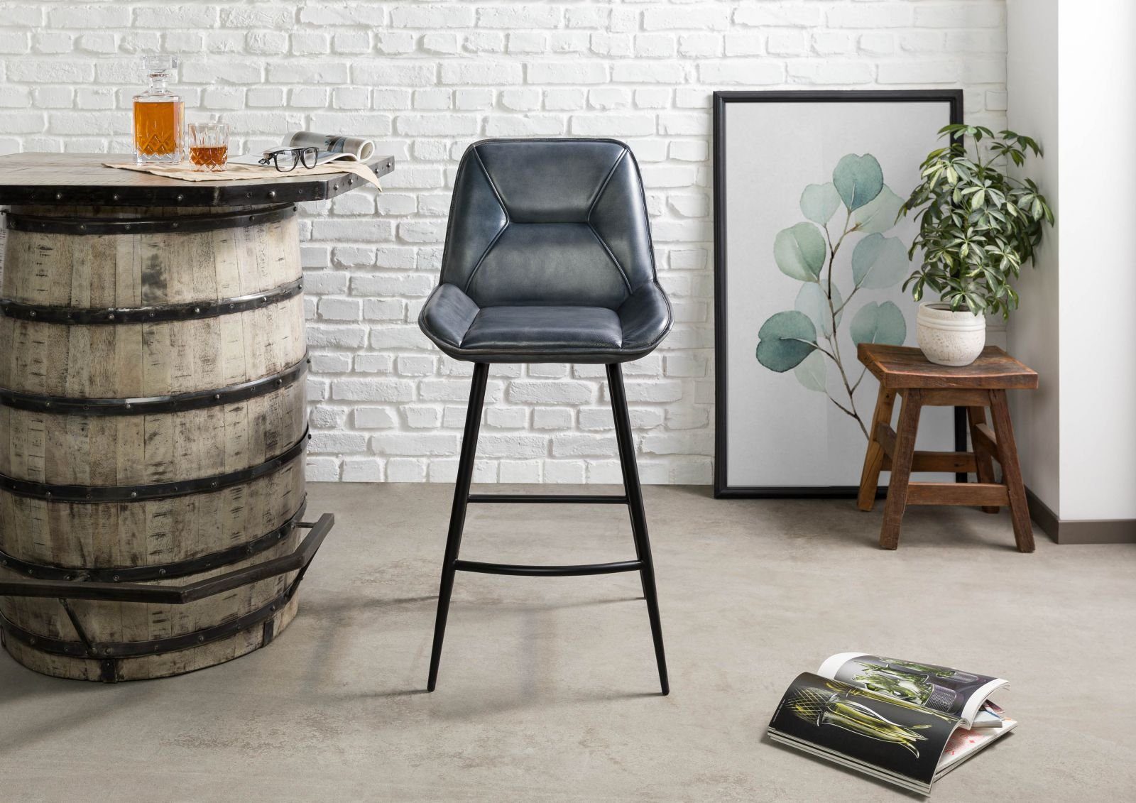 Massivmoebel24 Bistrostuhl IRON LABEL (blau Echtleder (Büffel) Eisen), 50 x 106 x 59 cm IRON LABEL #514