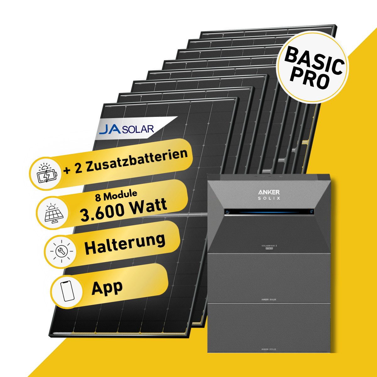 Balkonstrom Balkonkraftwerk BASIC Pro 3600 Watt Solaranlage mit Speicher Komplettset Bifazial, 3600 W, Monokristallin, (8x JA Solarmodul á 450 Watt, 1x Anker Solix 3 Pro Solarspeicher E2700, 1-4 Zusatzspeicher BP2700), Halterung für Dach, Fassade, Balkon & Garten, App & Plug&Play DE