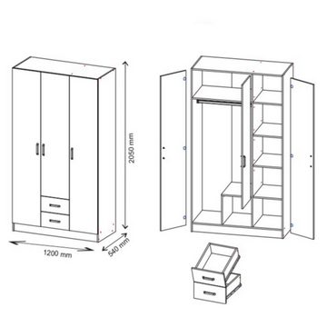 Beautysofa Drehtürenschrank Lucas (inkl. 2 Außenschubkästen, 120 cm Breite Schrank) mit Spiegel, zusätzlichen Böden