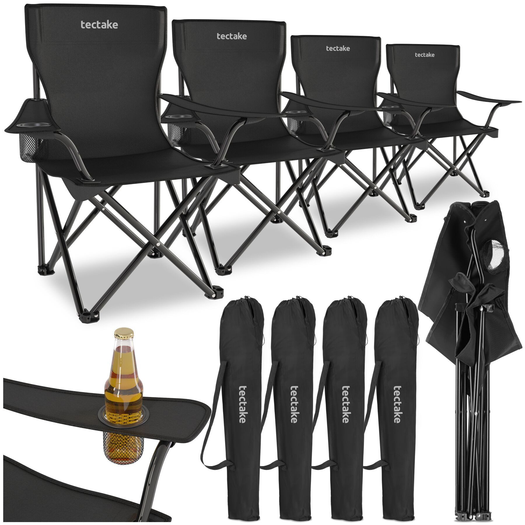 tectake Campingstuhl Gartenstuhl faltbar, mit Getränkehalter, 80 x 48 x 84,5 cm (Outdoor Klapptstuhl Gil für Außen in Schwarz, 4 St), geringes Gewicht, inkl. Tragetasche