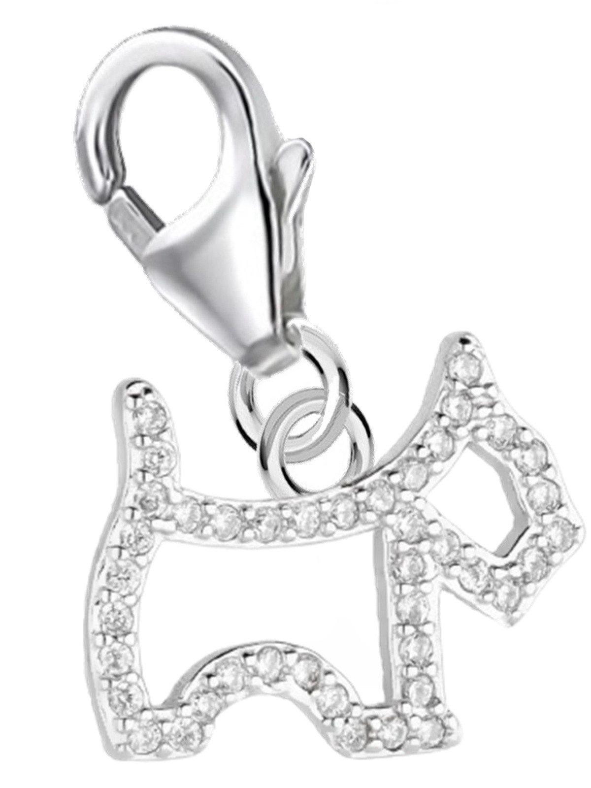 Charm Kristall Charm Anhänger Silber Hund mit Zirkonia Karabiner 925 Sterling