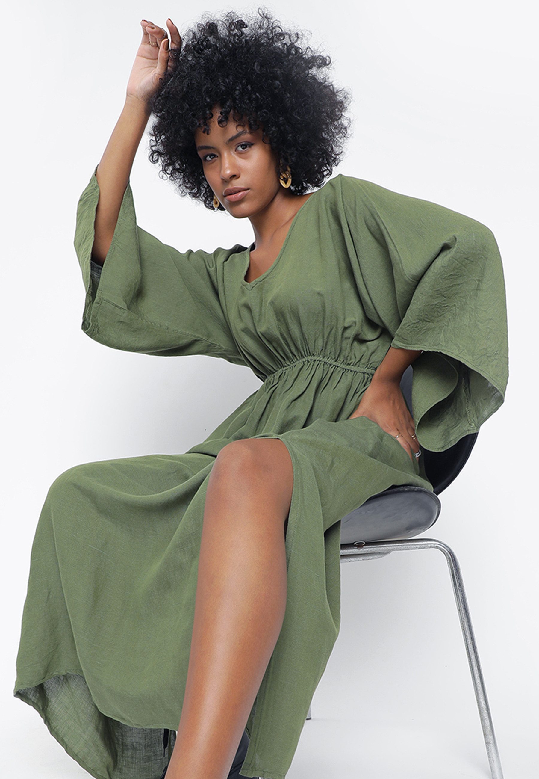 YC Fashion & Style Sommerkleid Damen Leinen mit V-Ausschnitt und Kimono-Ärmeln in Unifarbe