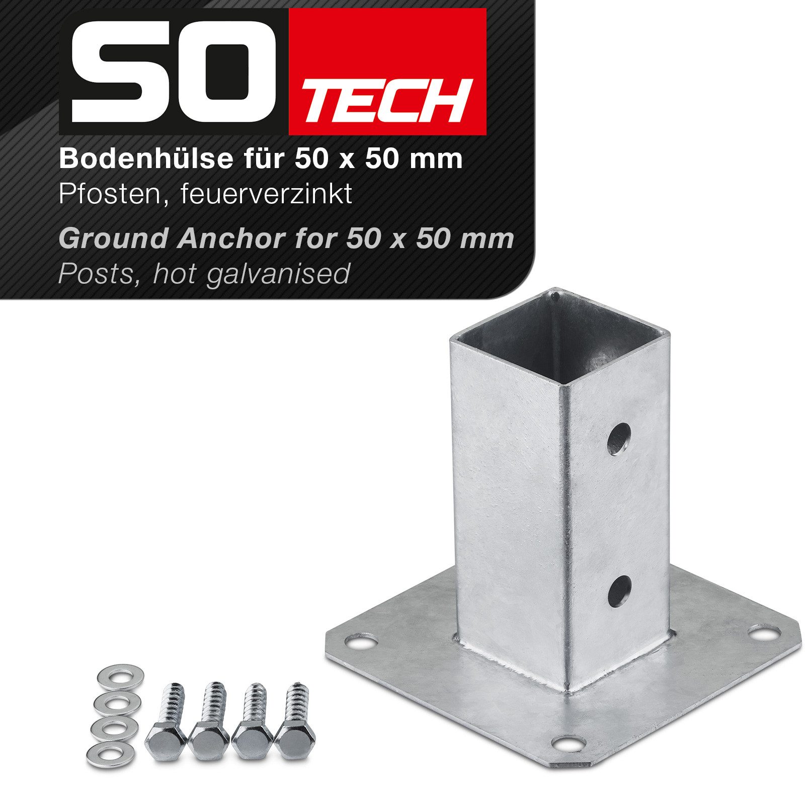 SO-TECH® Pfostenträger für Vierkantholz, zum Aufschrauben, aus Stahl feuerverzinkt, (Spar-Set, 2-St), Höhe 122 mm, Terrasse Gartenpfosten 50 x 50 mm mit Schrauben