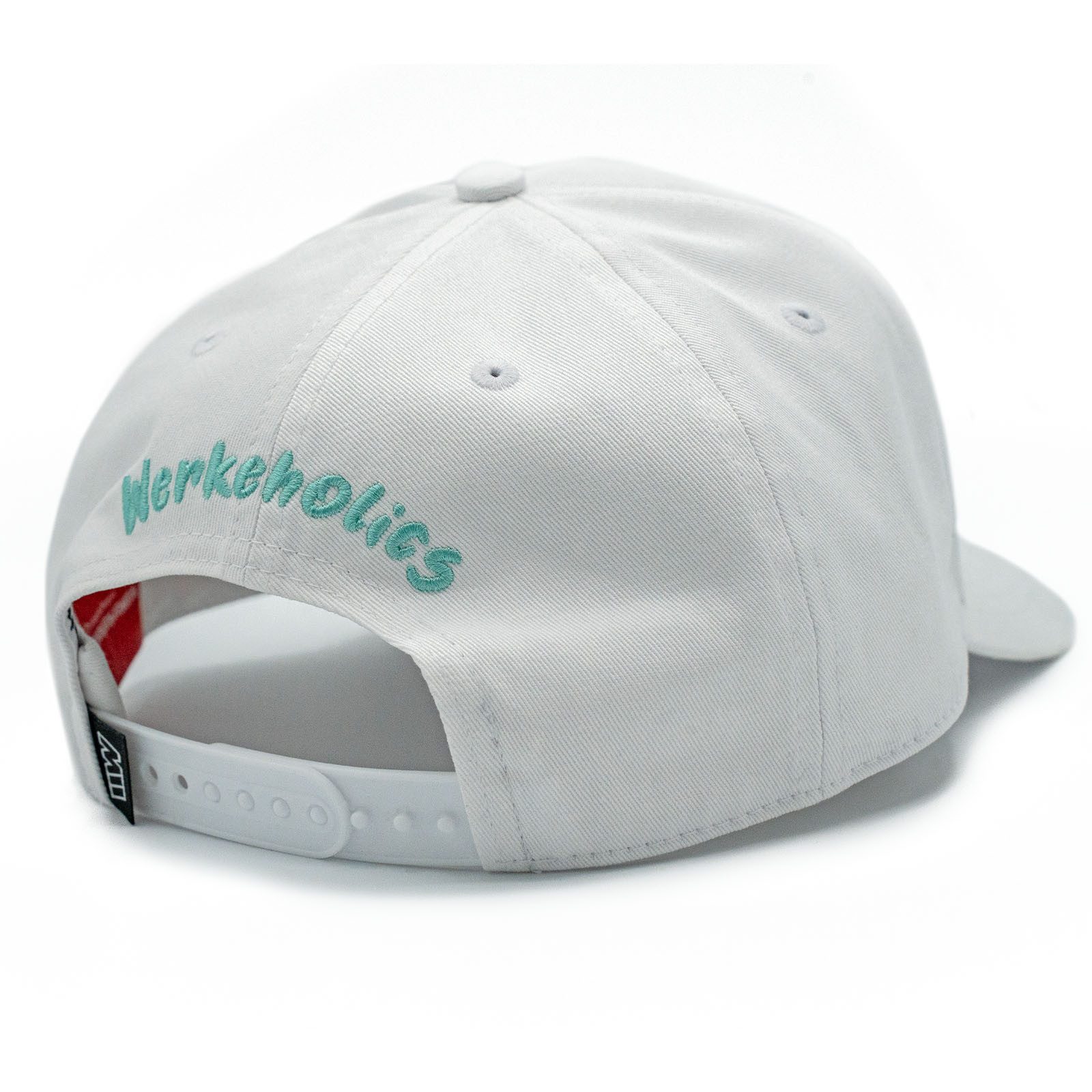 Weber GmbH Baseball Cap Weber #Werkeholics Baseball Cap weiß/türkis (1-St) basecap, mit bedrucktem Unterschirm