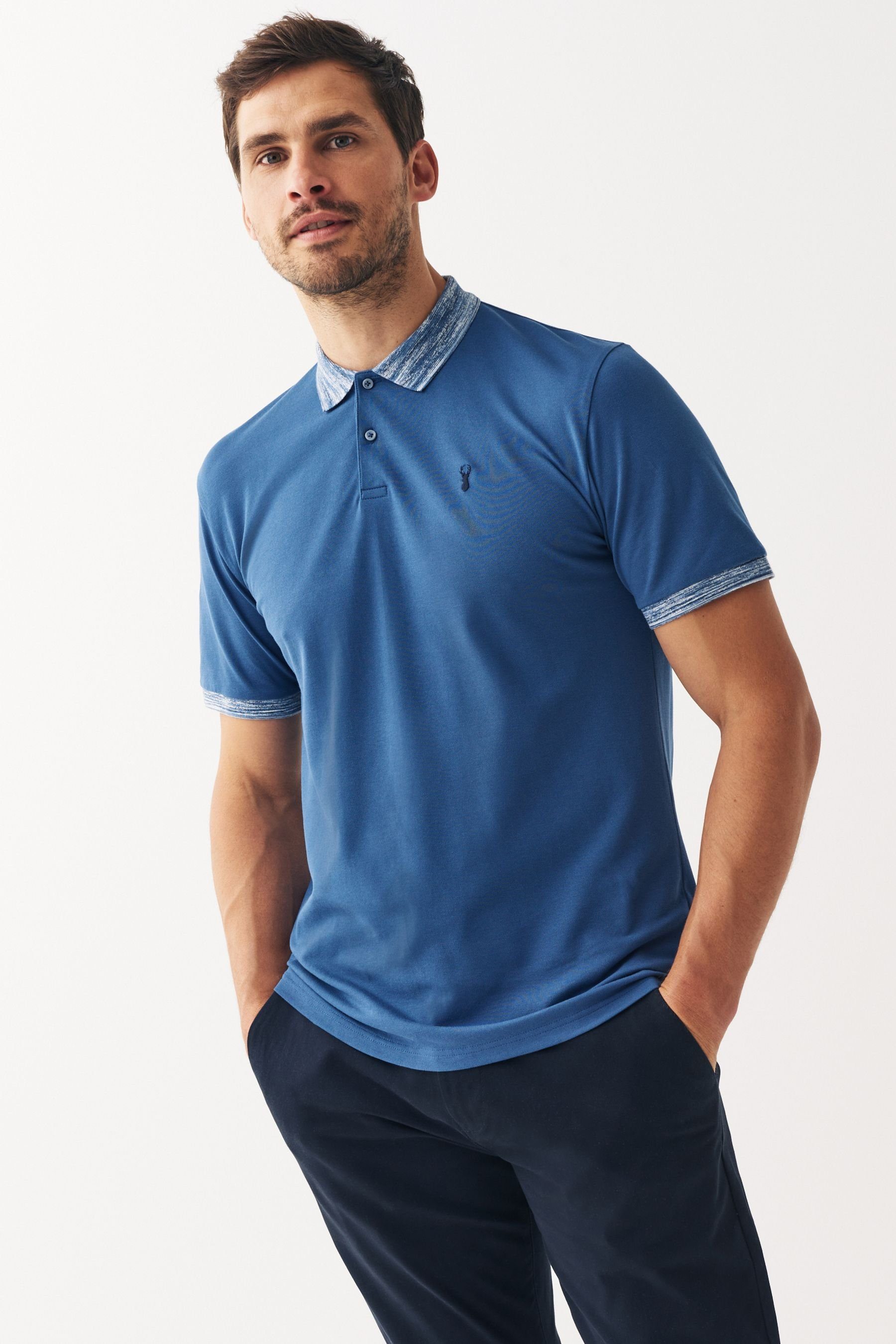 Fit Blue mit Dye Kragenstreifen Regular Pikee-Poloshirt Space (1-tlg) Poloshirt im Collar Next