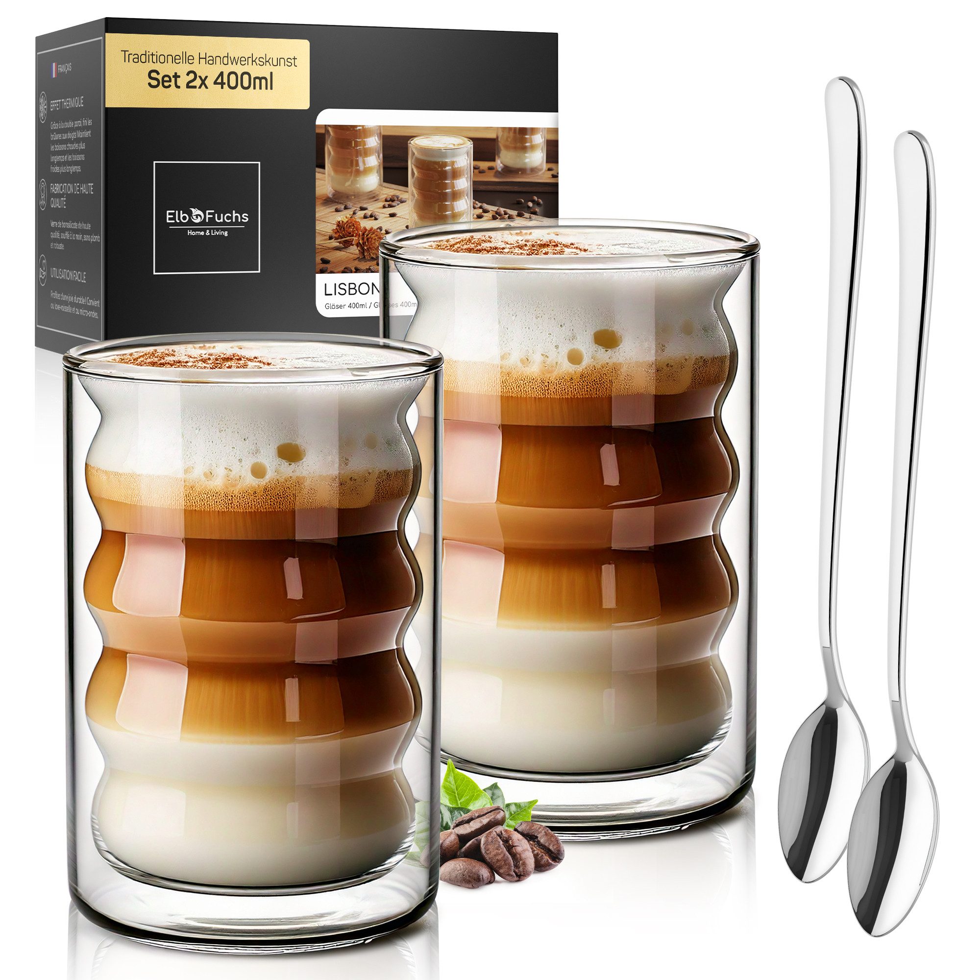 ElbFuchs Latte-Macchiato-Glas Lisbon Bubble, 400ml, 2-tlg., Doppelwandiger Thermoeffekt, Borosilikatglas