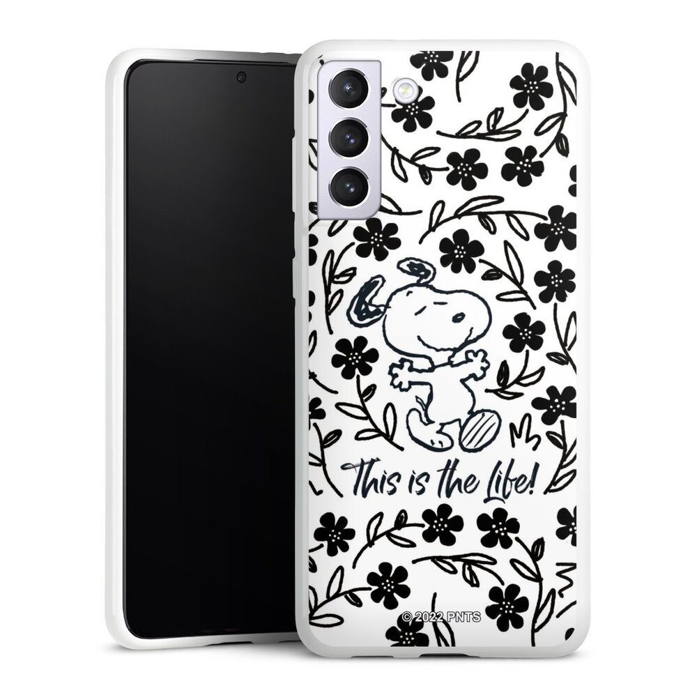 DeinDesign Handyhülle Peanuts Blumen Snoopy Snoopy Black and White This Is The Life, Samsung Galaxy S21+ 5G Silikon Hülle Bumper Case Handy Schutzhülle
