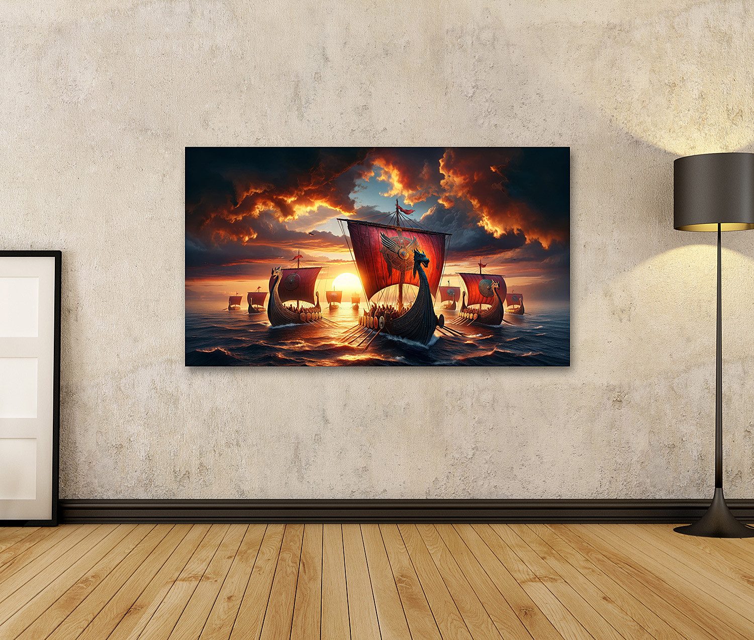 islandburner Leinwandbild Sonnenuntergangsflotte: Wikinger-Langschiffe bereit zur Fahrt