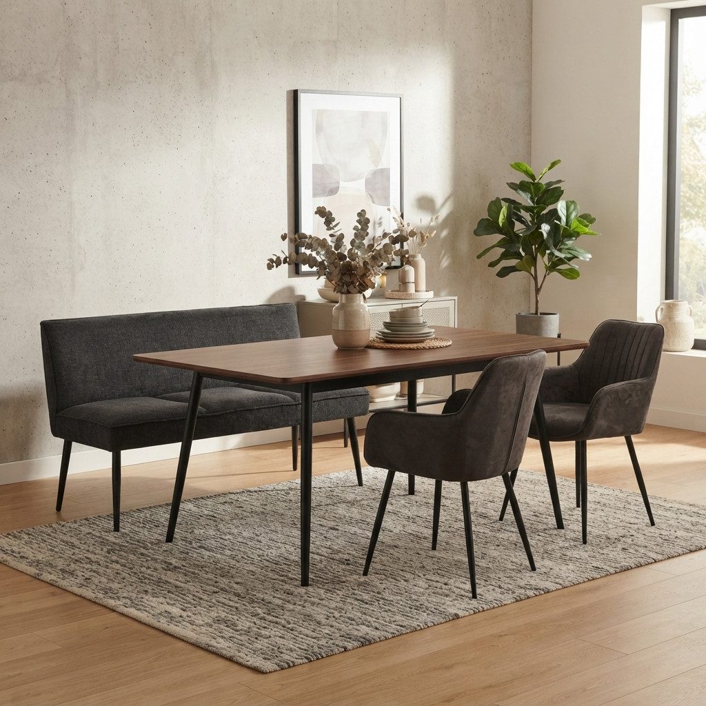 YOZI Essbank Essgruppe mit Sitzbank und 2/4 Stühlen, Dunkelgrau/Beige, Metallbeine (Set, Essbank und Stühle), Frei im Raum stellar
