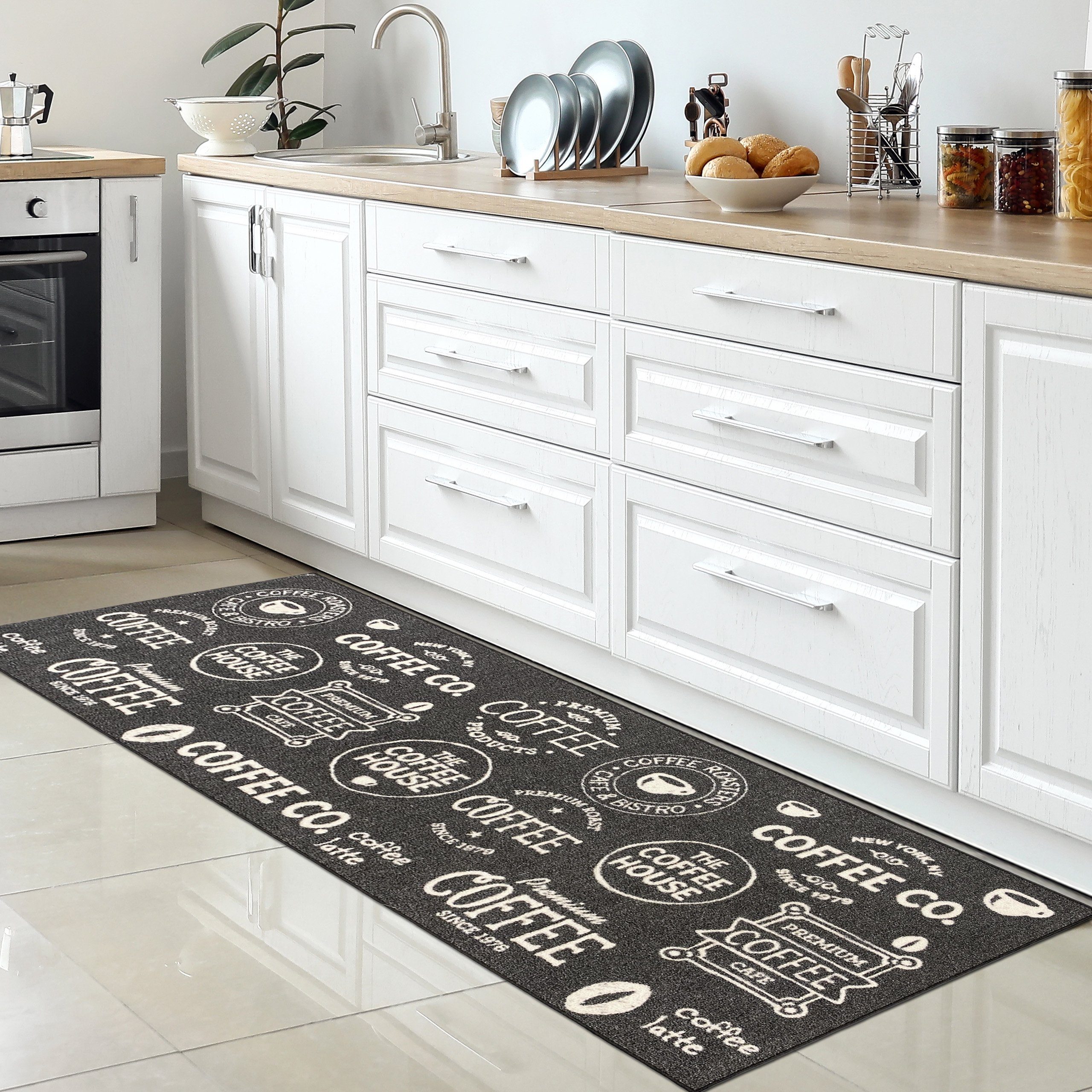 Carpetia Teppich Küchenläufer I Gelrücken I Schriftzug I schwarz, weiß, rec günstig online kaufen