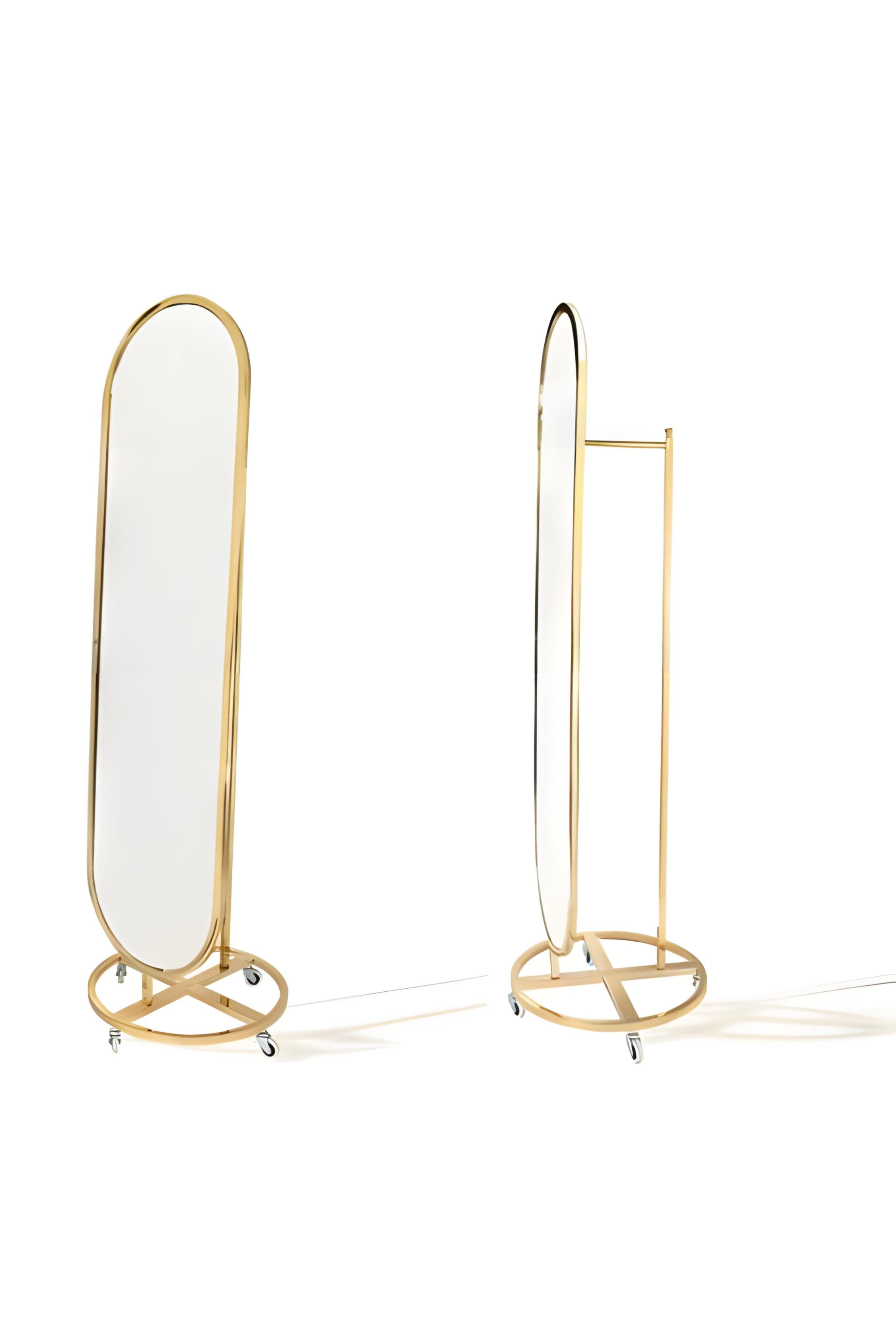 JVmoebel Standspiegel Ovaler Standspiegel mit goldenem Metallrahmen und Rollen (1-St), Made in Europa