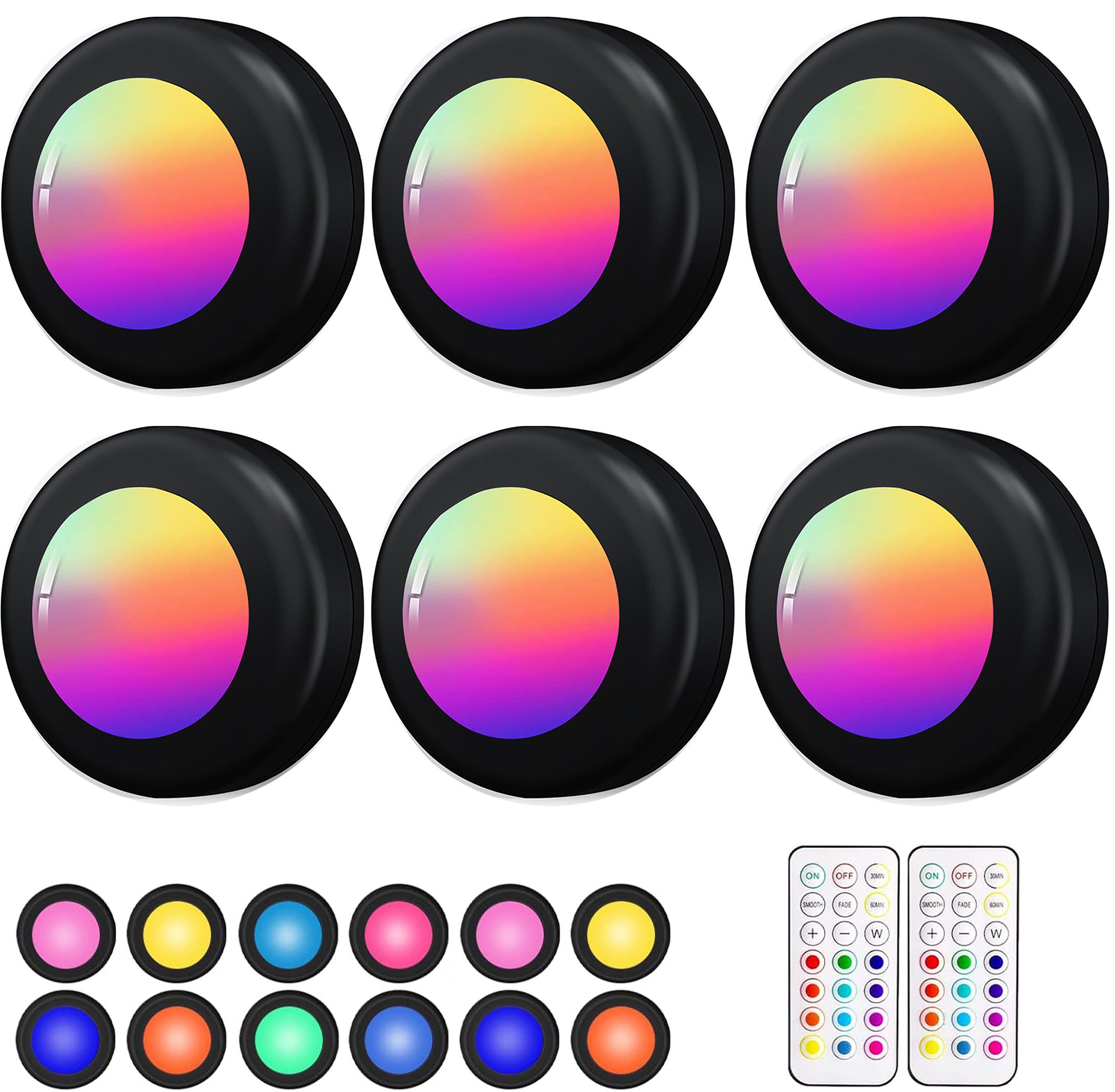Luckice Unterschrankleuchte 3 Stück Batteriebetrieben LED RGB Spots mit Fernbedienung, RGB mit 13 Farbmodi, 13 Farbwechsel Kabellos Vitrinenbeleuchtung, Dimmbar Unterbauleuchte Küche LED Lampe zum Kleben Schranklicht, Nachtlicht mit Fernbedienung und Timi
