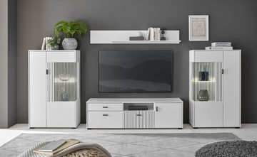 Furn.Design Wohnwand Merced, (Wohnzimmer-Set in weiß matt und schwarz, 4-St., 320 x 170 cm), mit Soft-Close Funktion, Staboptik