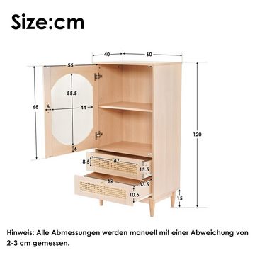 HAUSS SPLOE Sideboard 60*40*120 cm, 1 Tür aus klarem Acryl, 2 Schubladen aus Rattan, Natur