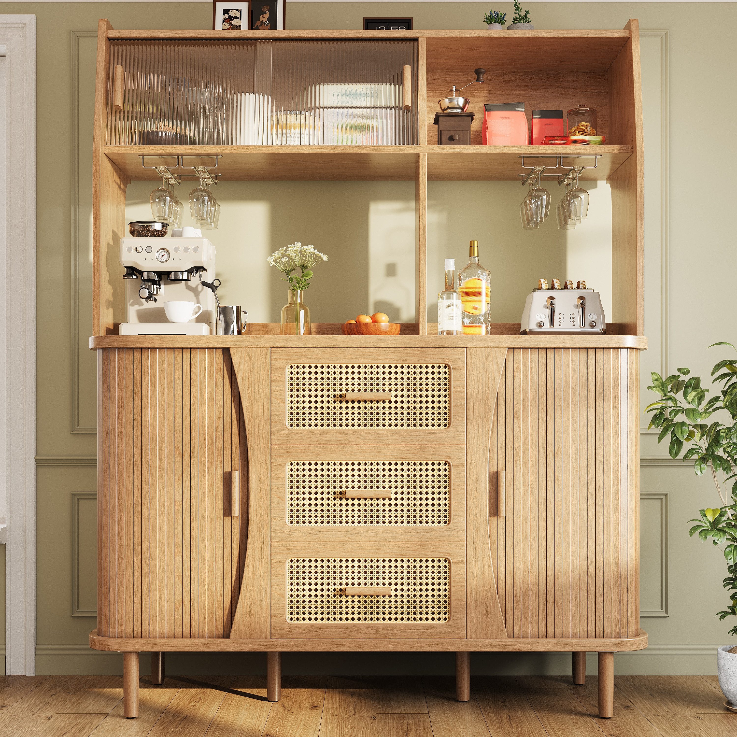Flieks Küchenbuffet Hochschrank mit Glasschiebetüren und Rattan-Schubladen Holzoptik (140x40,5x174,5 cm, 1-St., Mehrzweckschrank mit Massivholzbeine) Küchenschrank mit Arbeitsplatte und Gläserhalter Landhausstil Natur